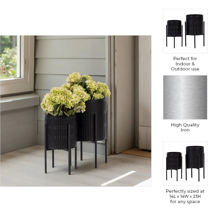 S/2 Ridged Planters In Metal Stand, Black - Image 5