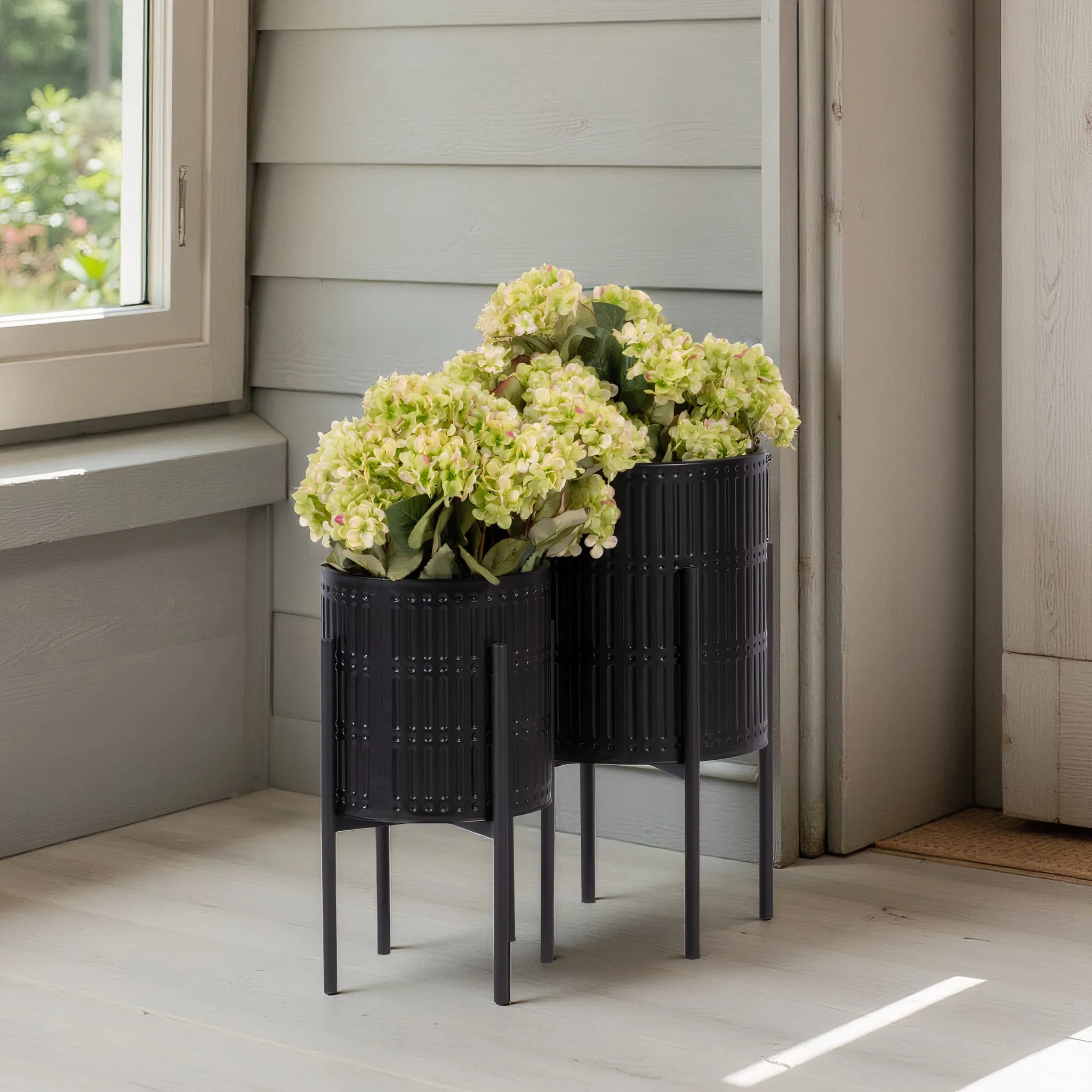 S/2 Ridged Planters In Metal Stand, Black - Image 7