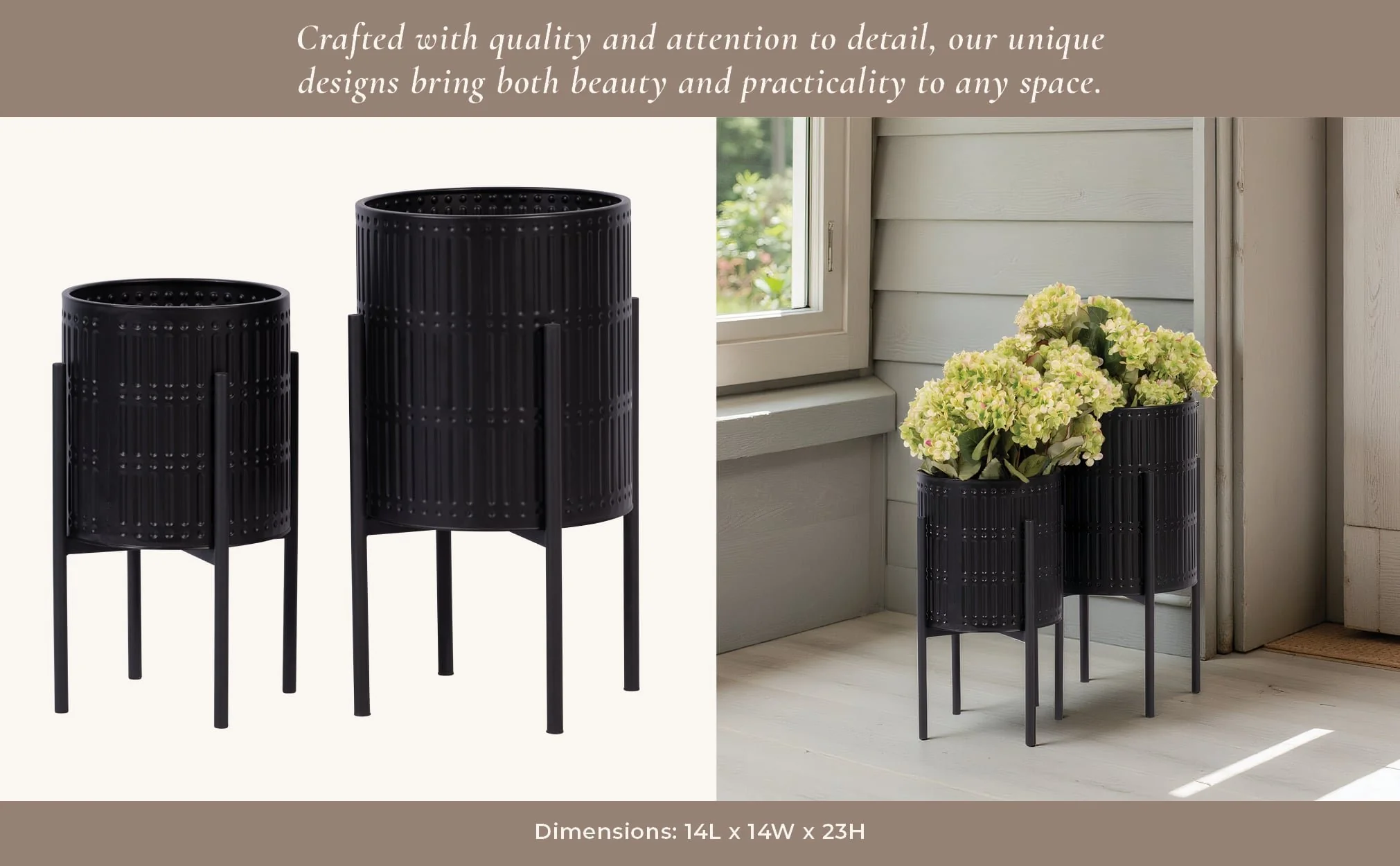 S/2 Ridged Planters In Metal Stand, Black - Image 8