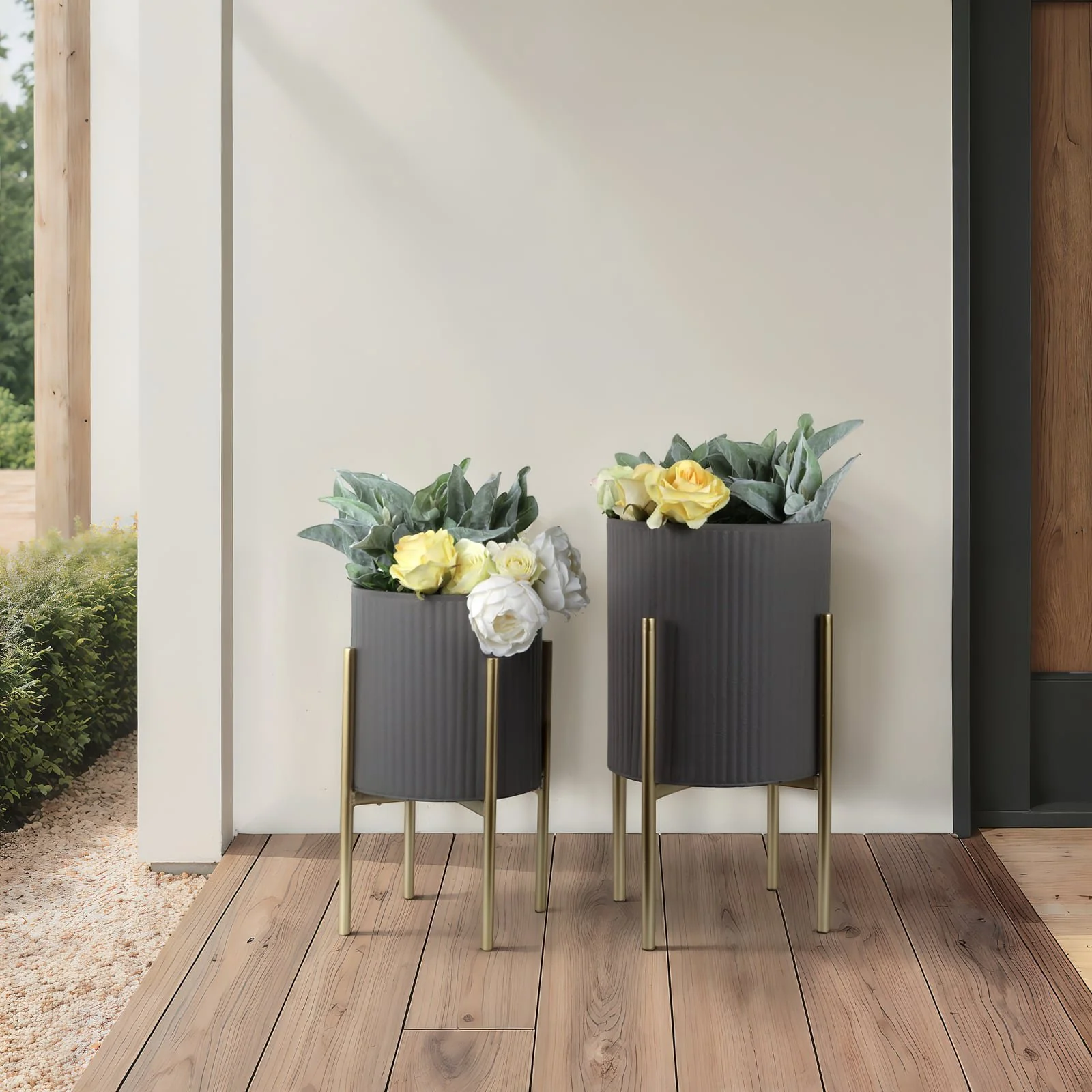 S/2 Ridges Planter On Metal Stand, Gray/gld - Image 10