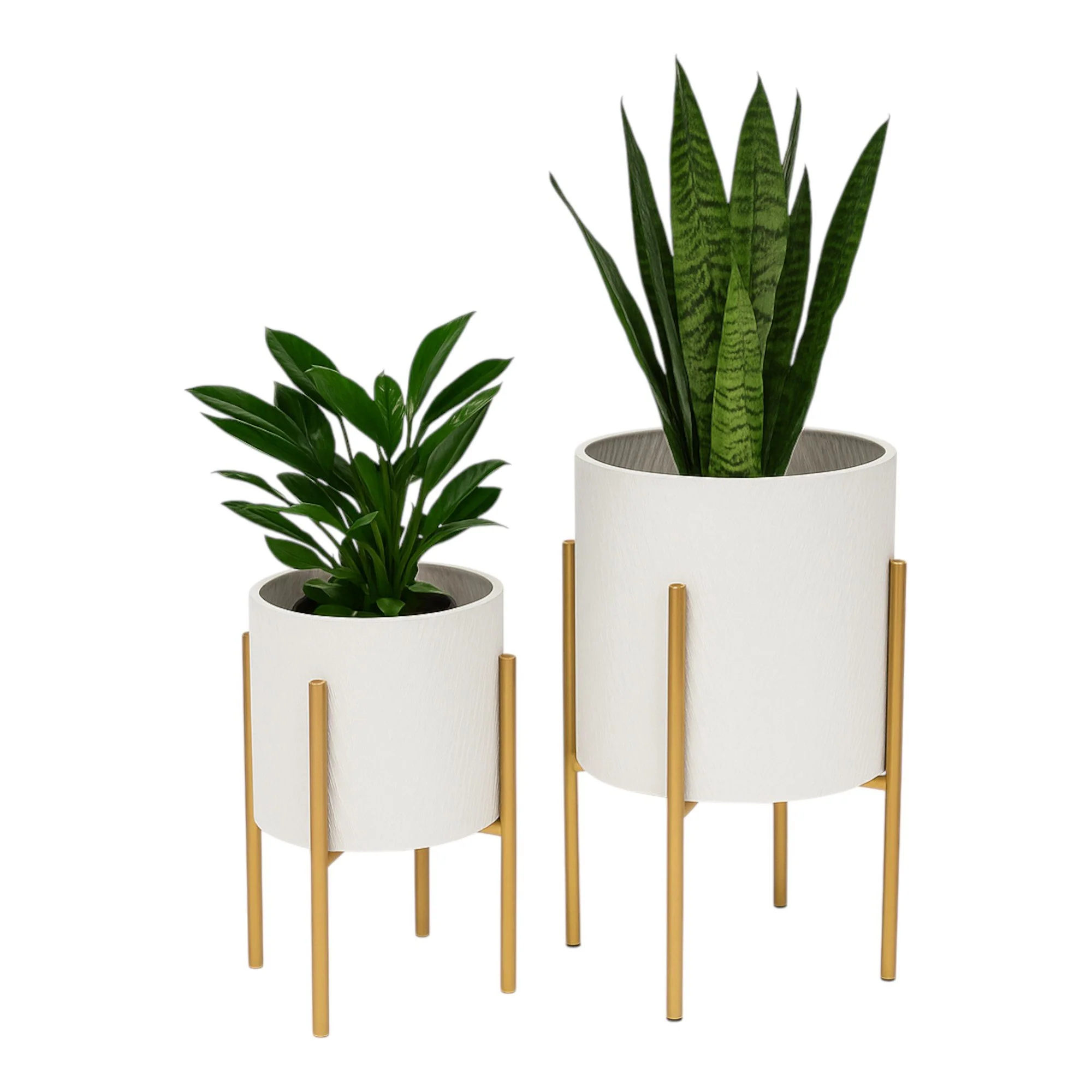 S/2 Textured Planter On Metal Stand, White/gold - Image 2