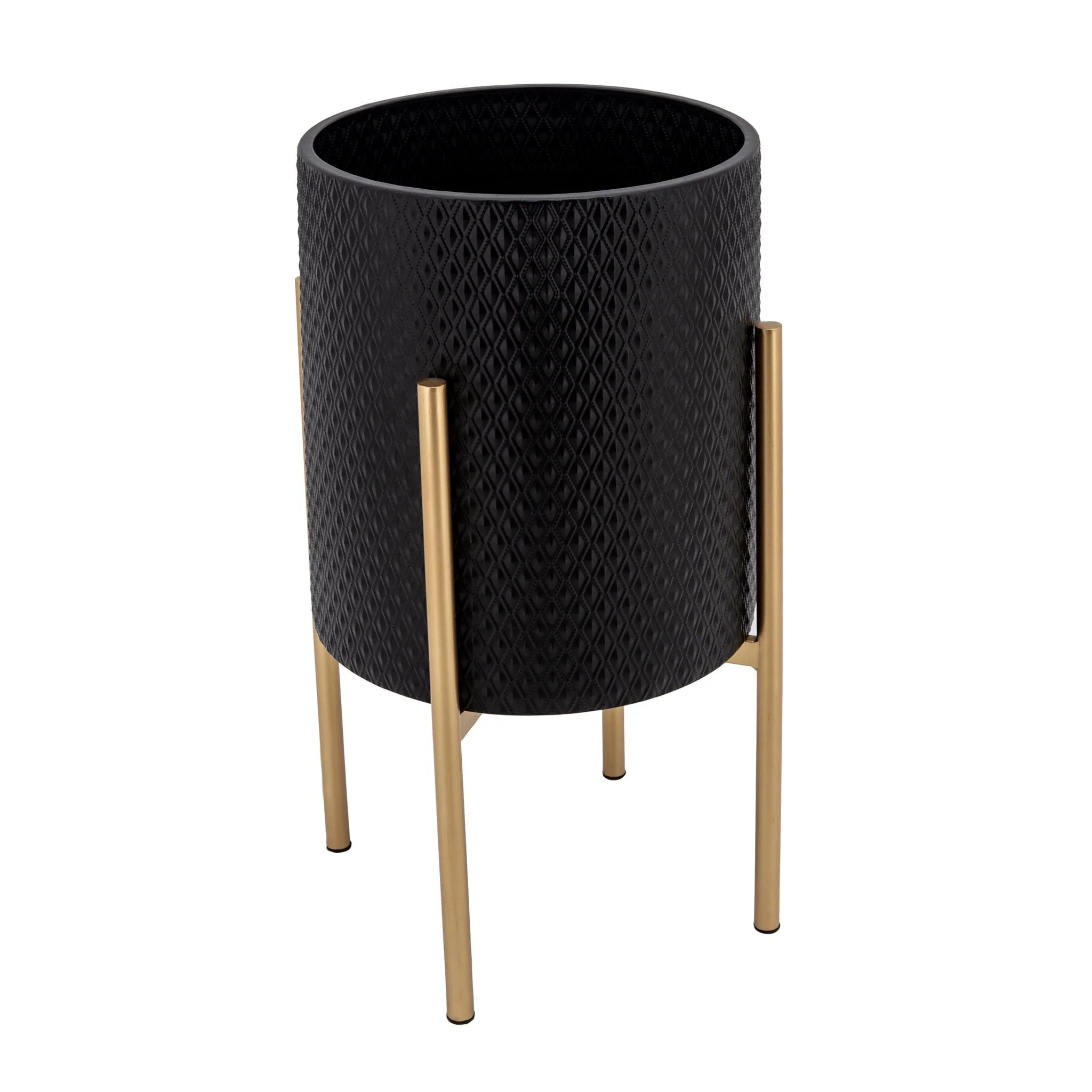 S/2 Textured Planter On Metalstand, Black/gld - Image 4