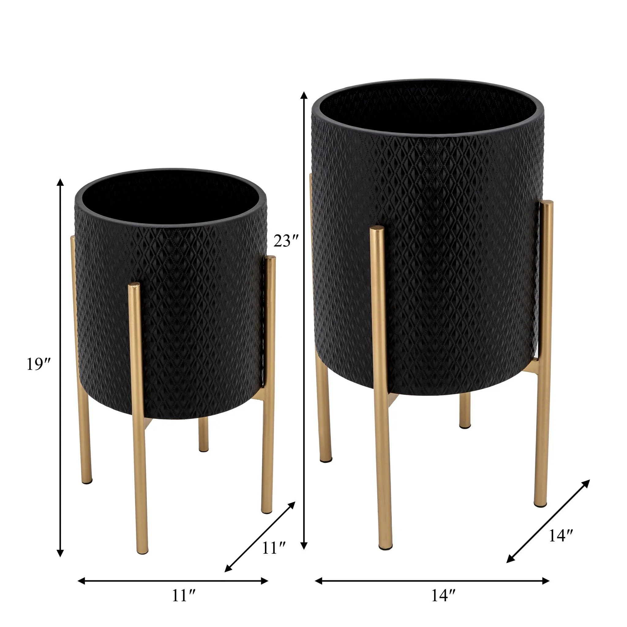 S/2 Textured Planter On Metalstand, Black/gld - Image 5