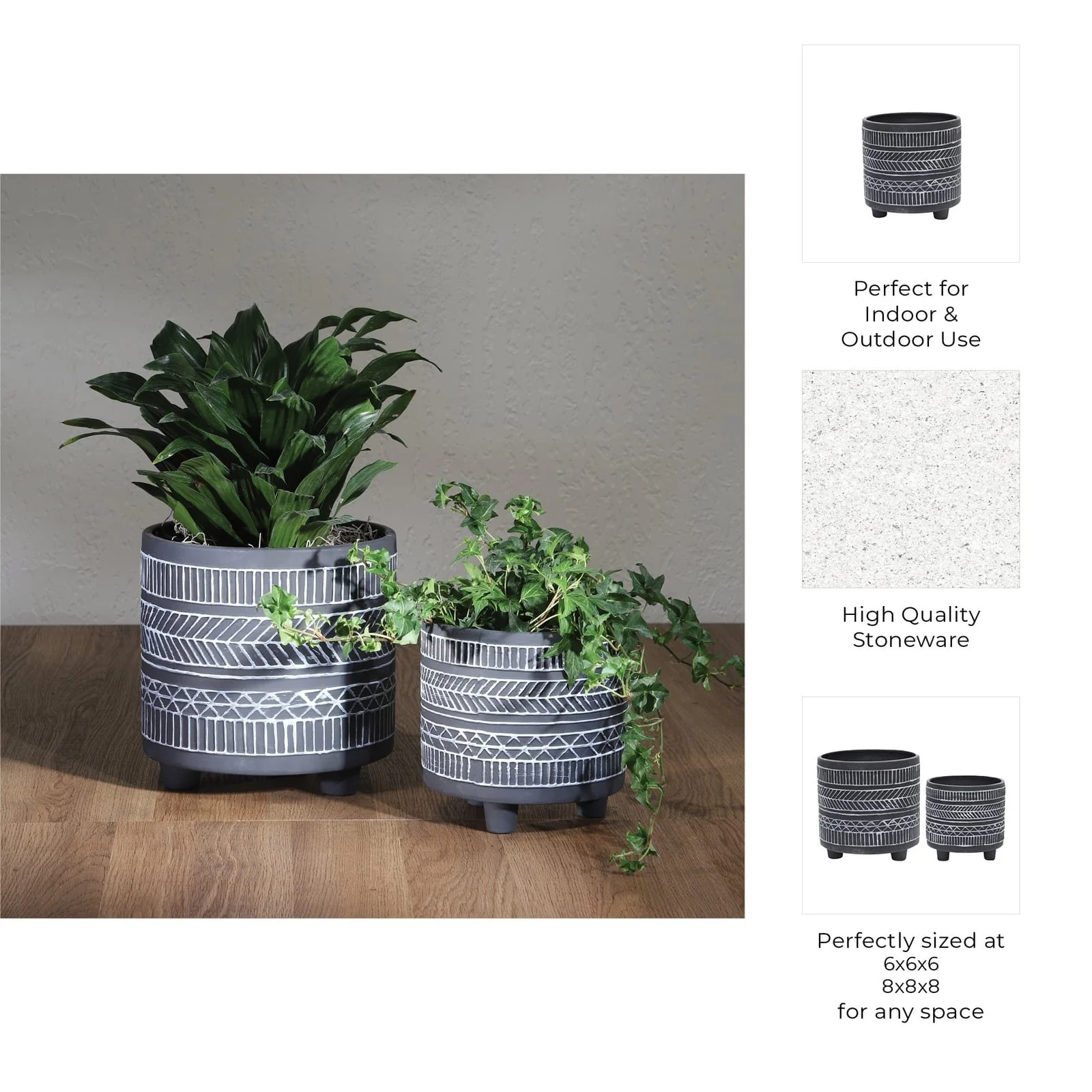 S/2  Tribal Look Footed Planter 6/8", Black - Image 4