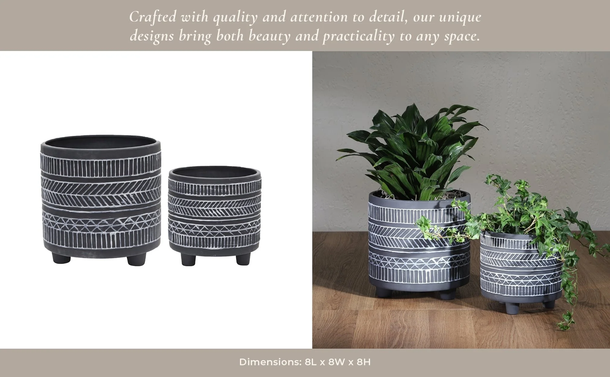 S/2  Tribal Look Footed Planter 6/8", Black - Image 6