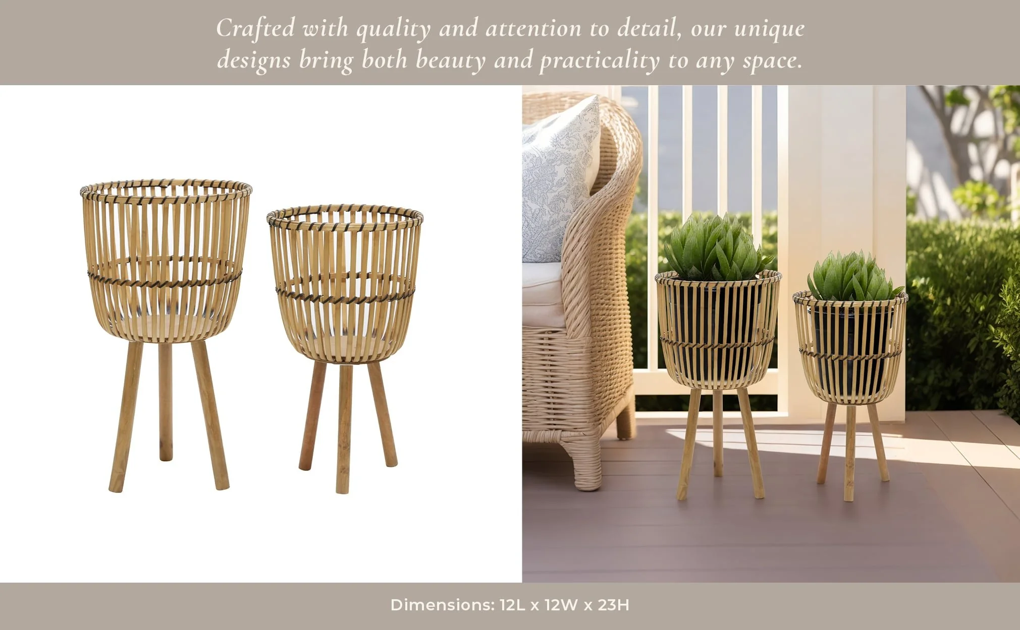 S/2 Wicker Footed Planters 10/12", Natural - Image 10