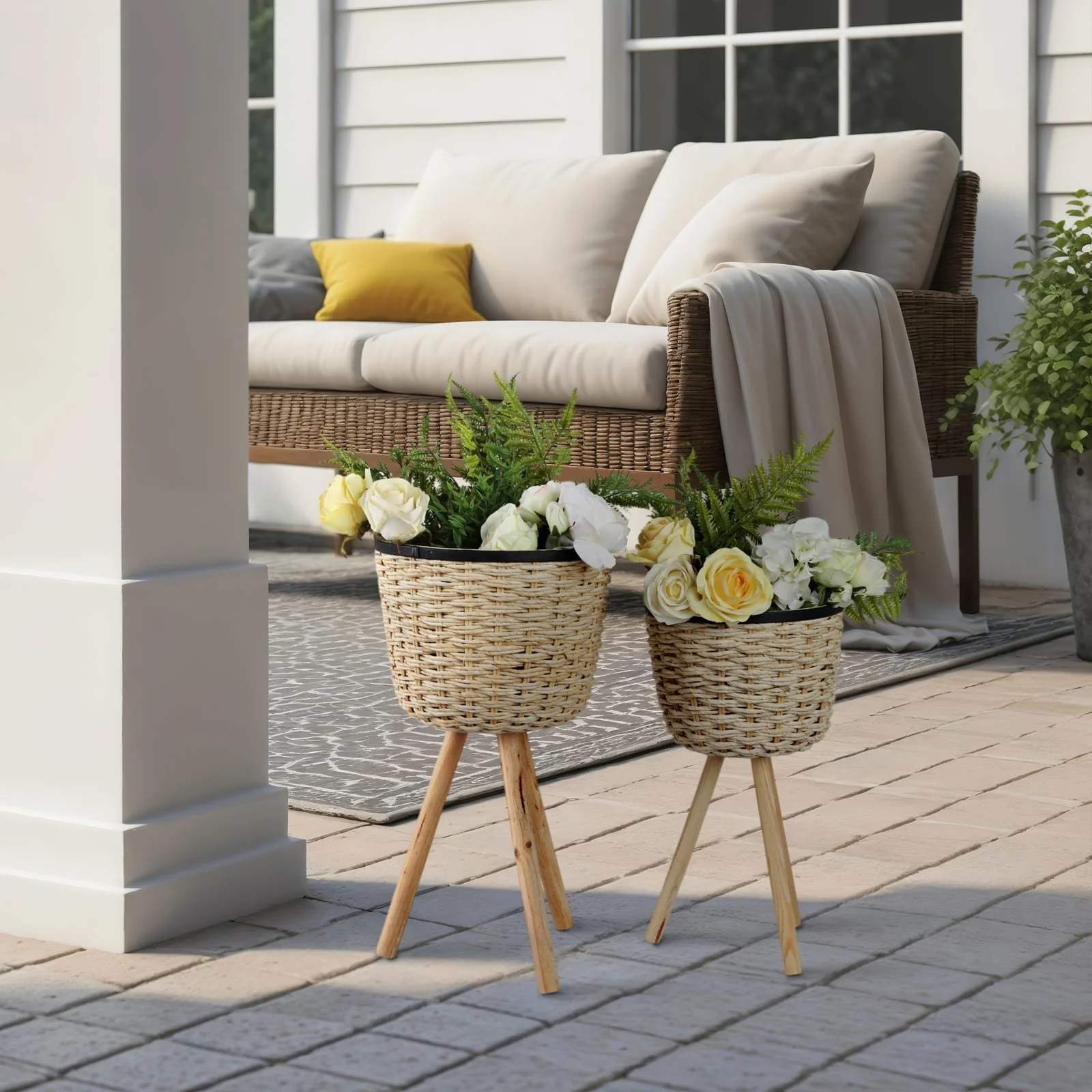 S/2 Wicker Footed Planters, White - Image 10