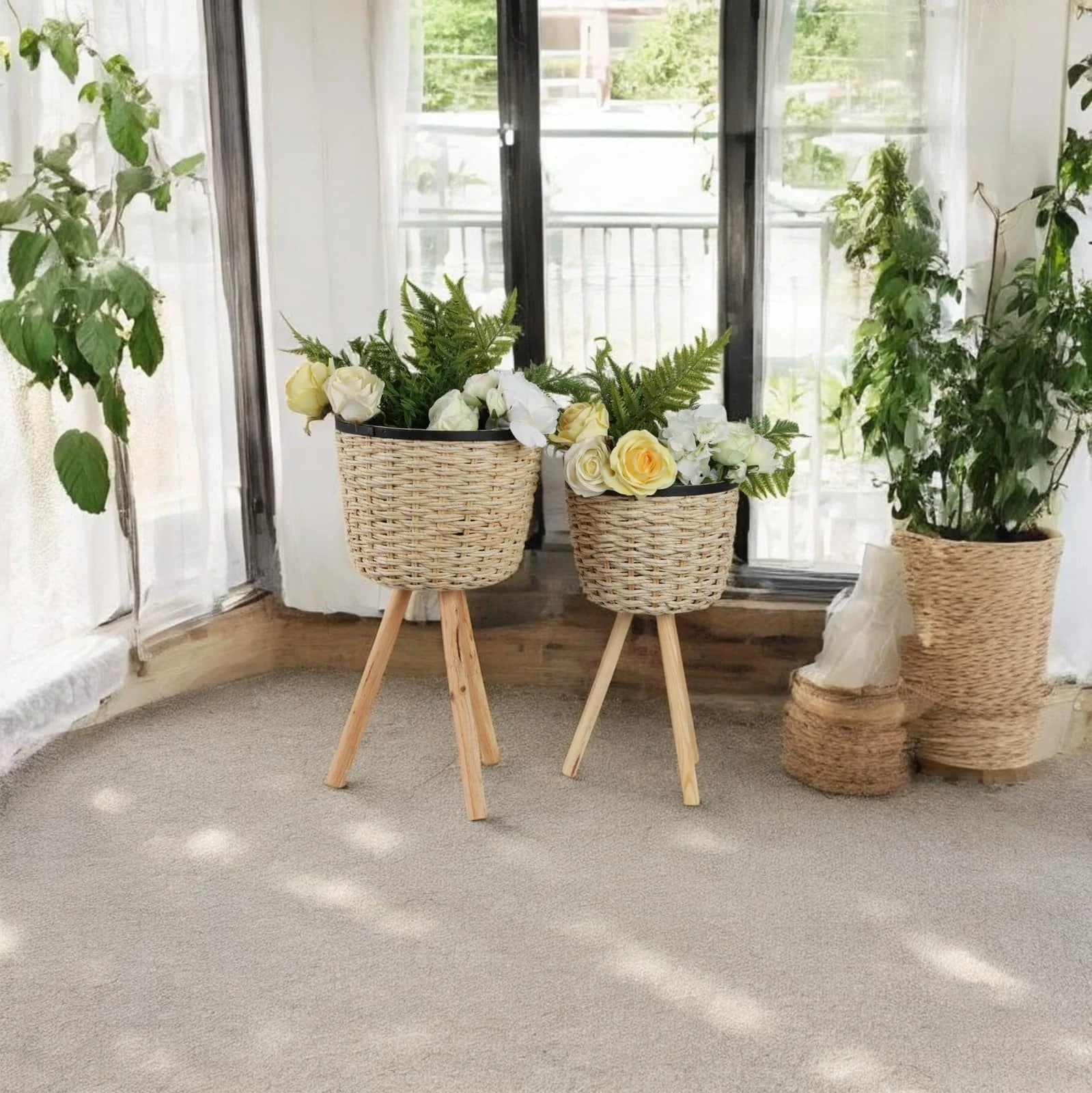 S/2 Wicker Footed Planters, White - Image 11