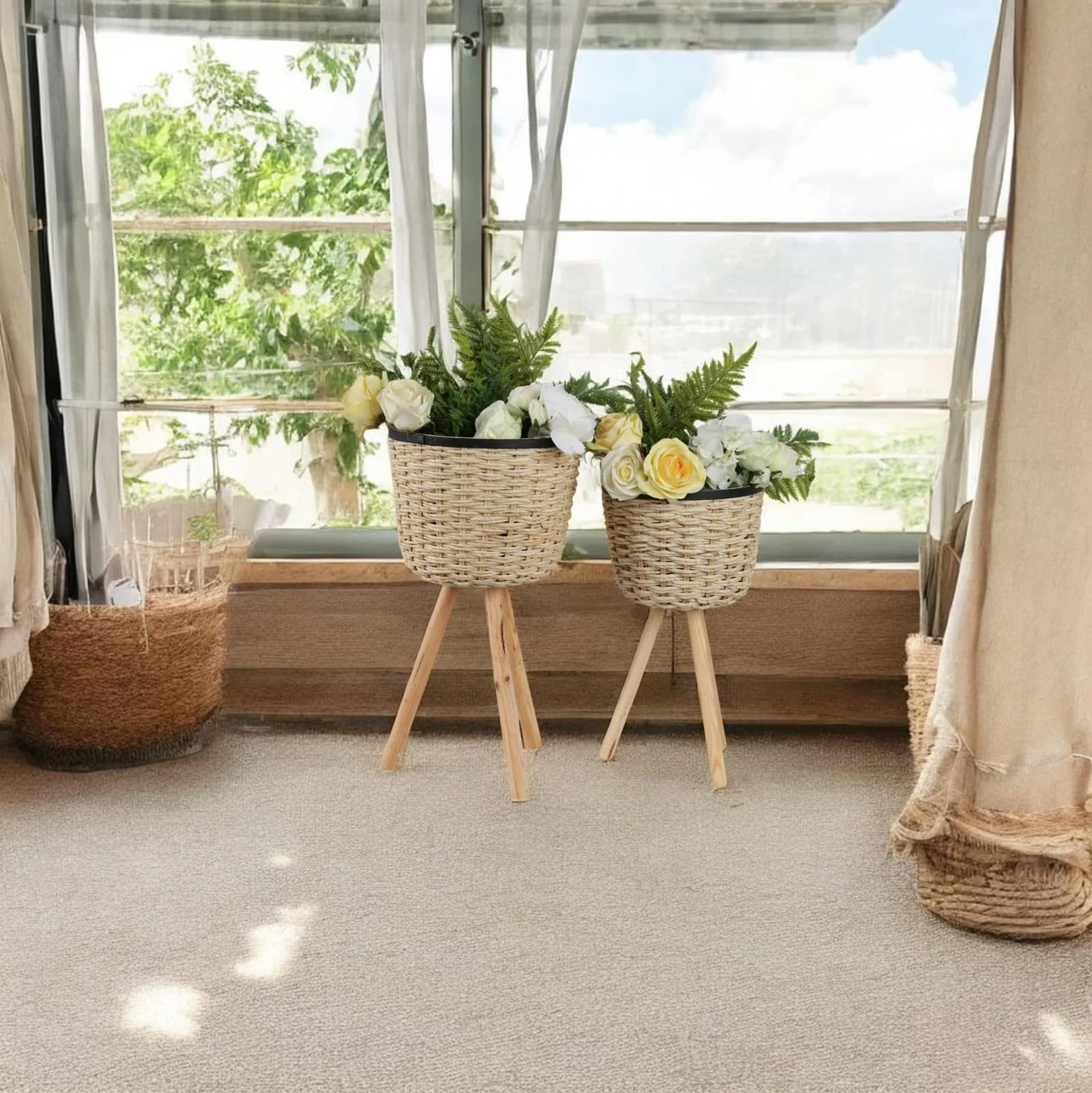 S/2 Wicker Footed Planters, White - Image 12