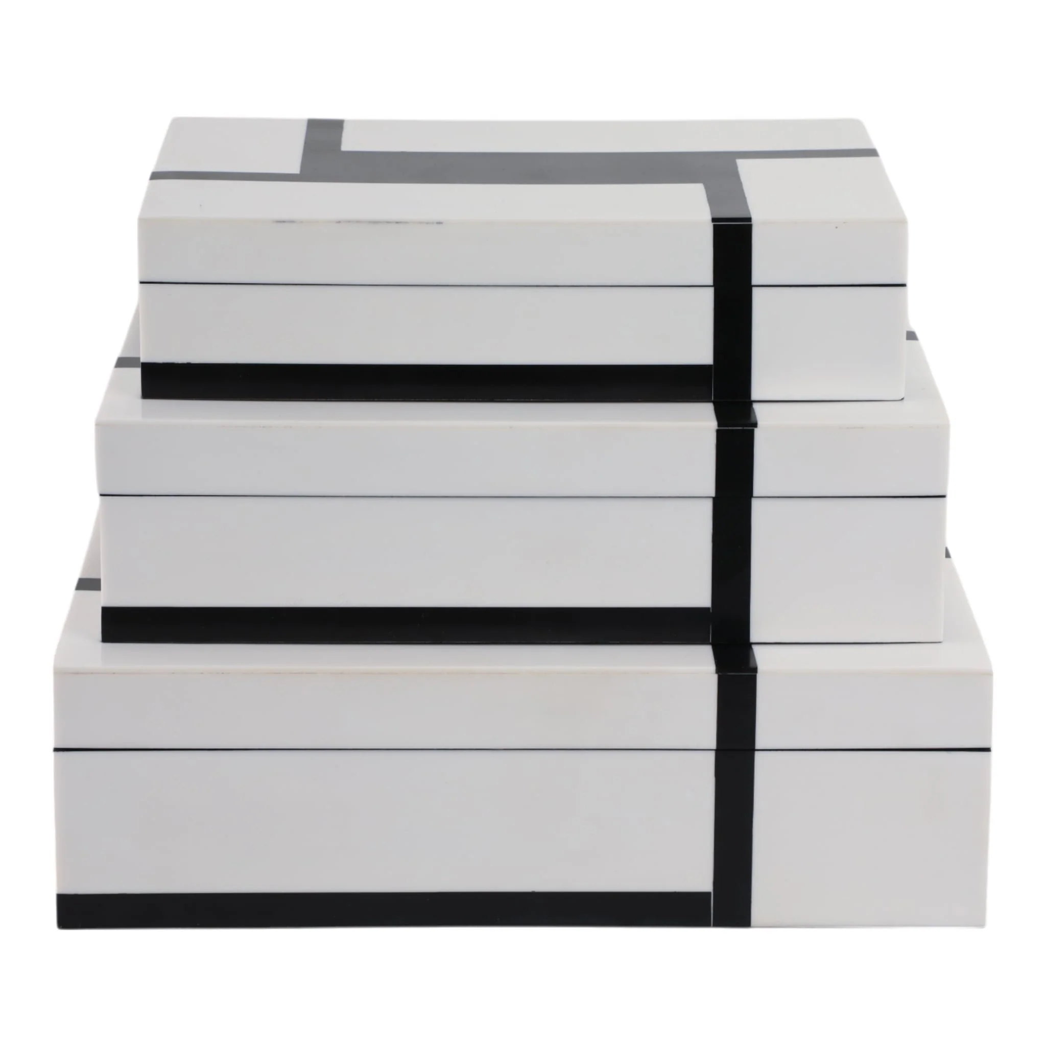 S/3 10/11/12" Bold Lines Design Boxes, White/black - Image 6