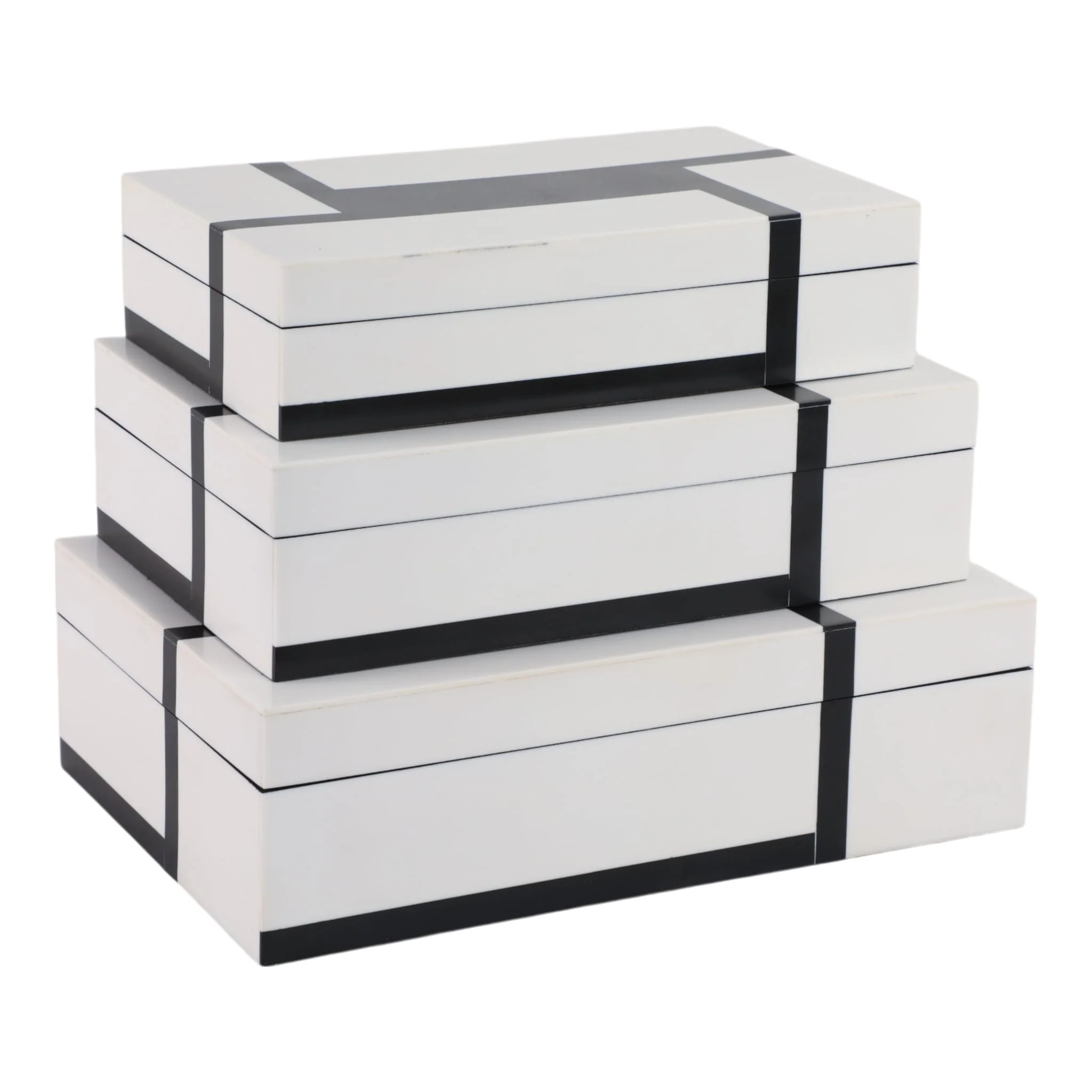 S/3 10/11/12" Bold Lines Design Boxes, White/black - Image 7