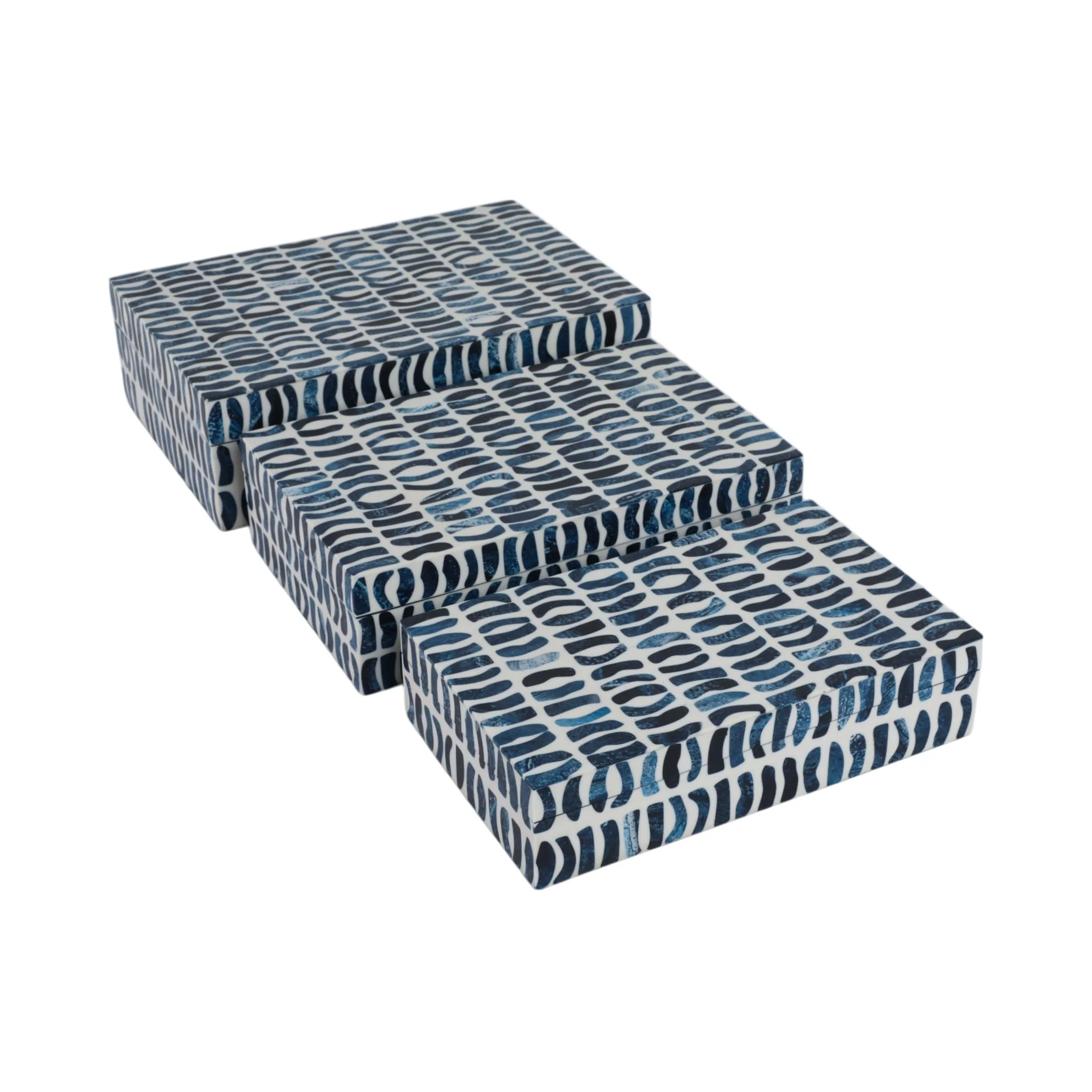 S/3 10/11/12" Boxes With Inlay Pieces, Blue/white - Image 2