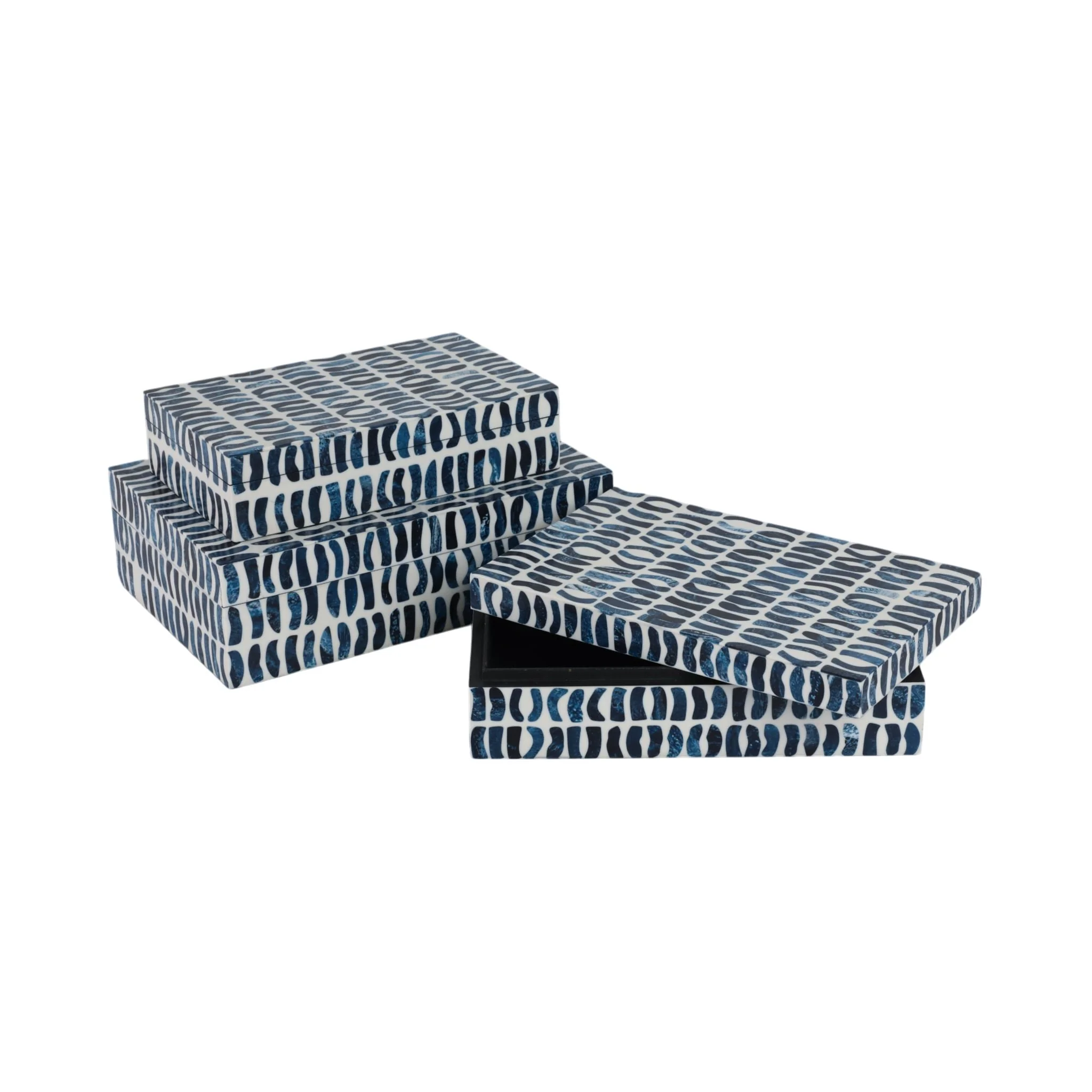 S/3 10/11/12" Boxes With Inlay Pieces, Blue/white - Image 5