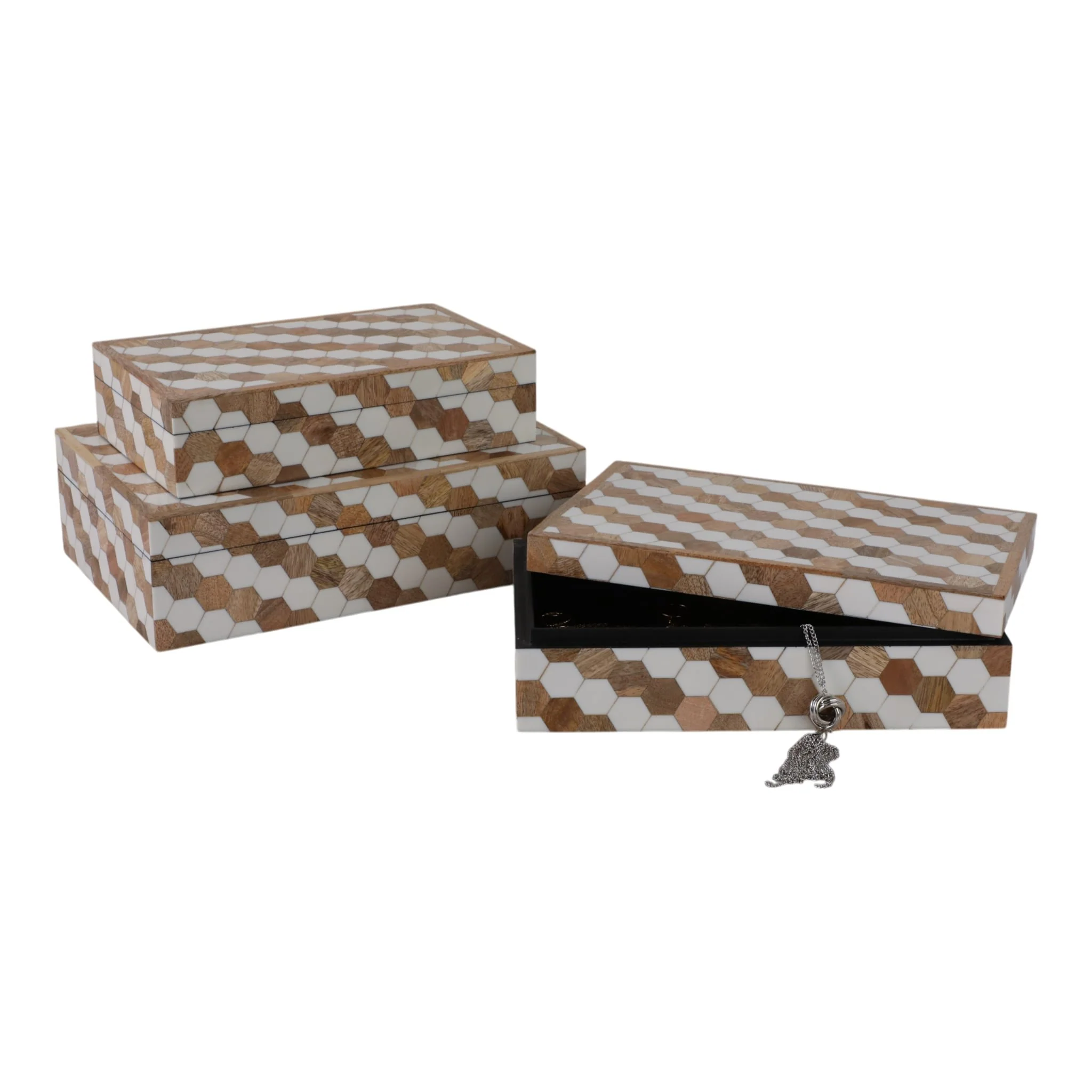 S/3 10/11/12" Hexagon Inlay Boxes, White - Image 2