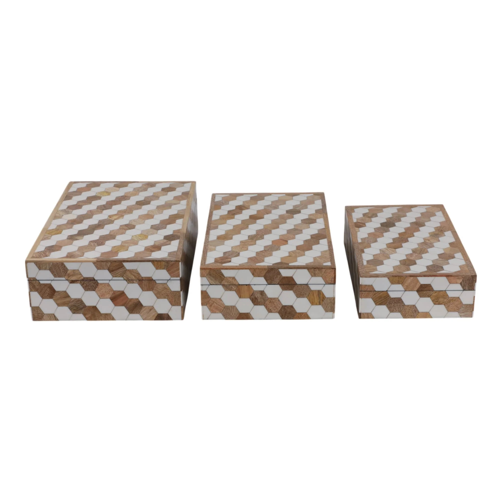 S/3 10/11/12" Hexagon Inlay Boxes, White - Image 3