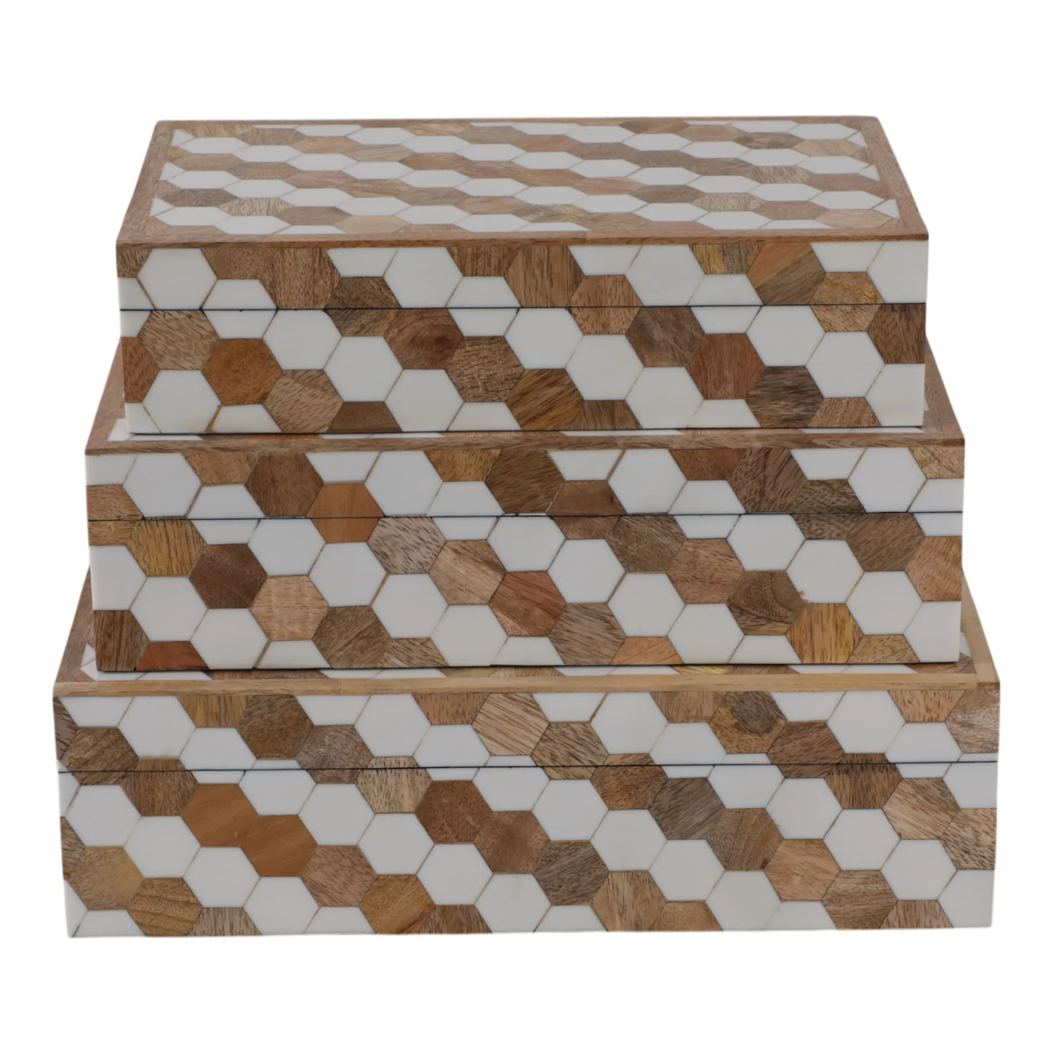 S/3 10/11/12" Hexagon Inlay Boxes, White - Image 5
