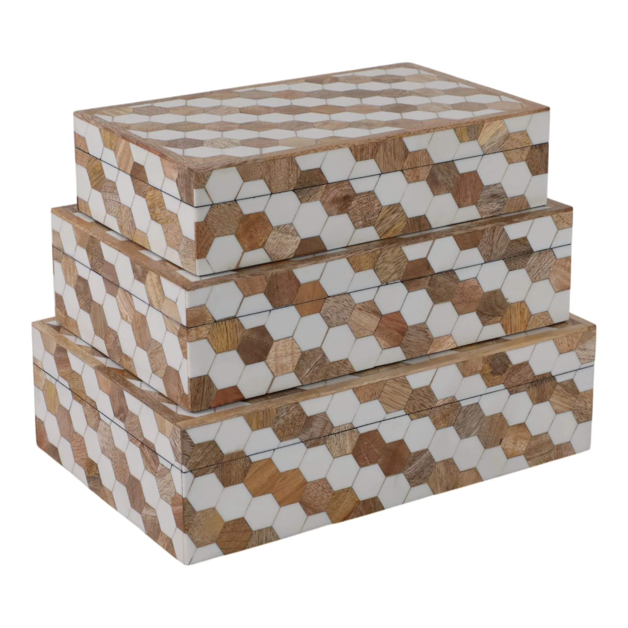S/3 10/11/12" Hexagon Inlay Boxes, White - Image 6