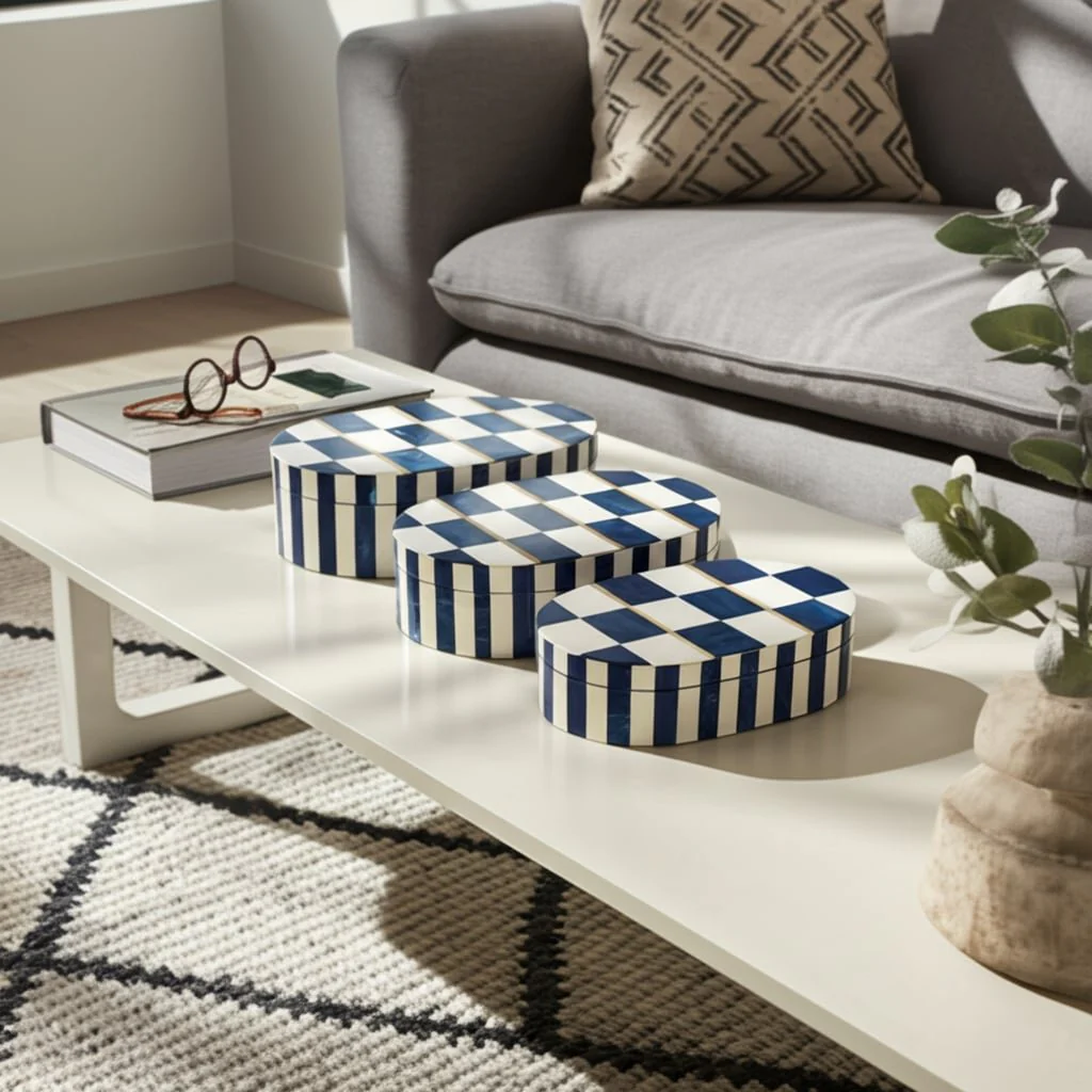 S/3 10/11/12" Oval Checkered Boxes, White/blue - Image 11