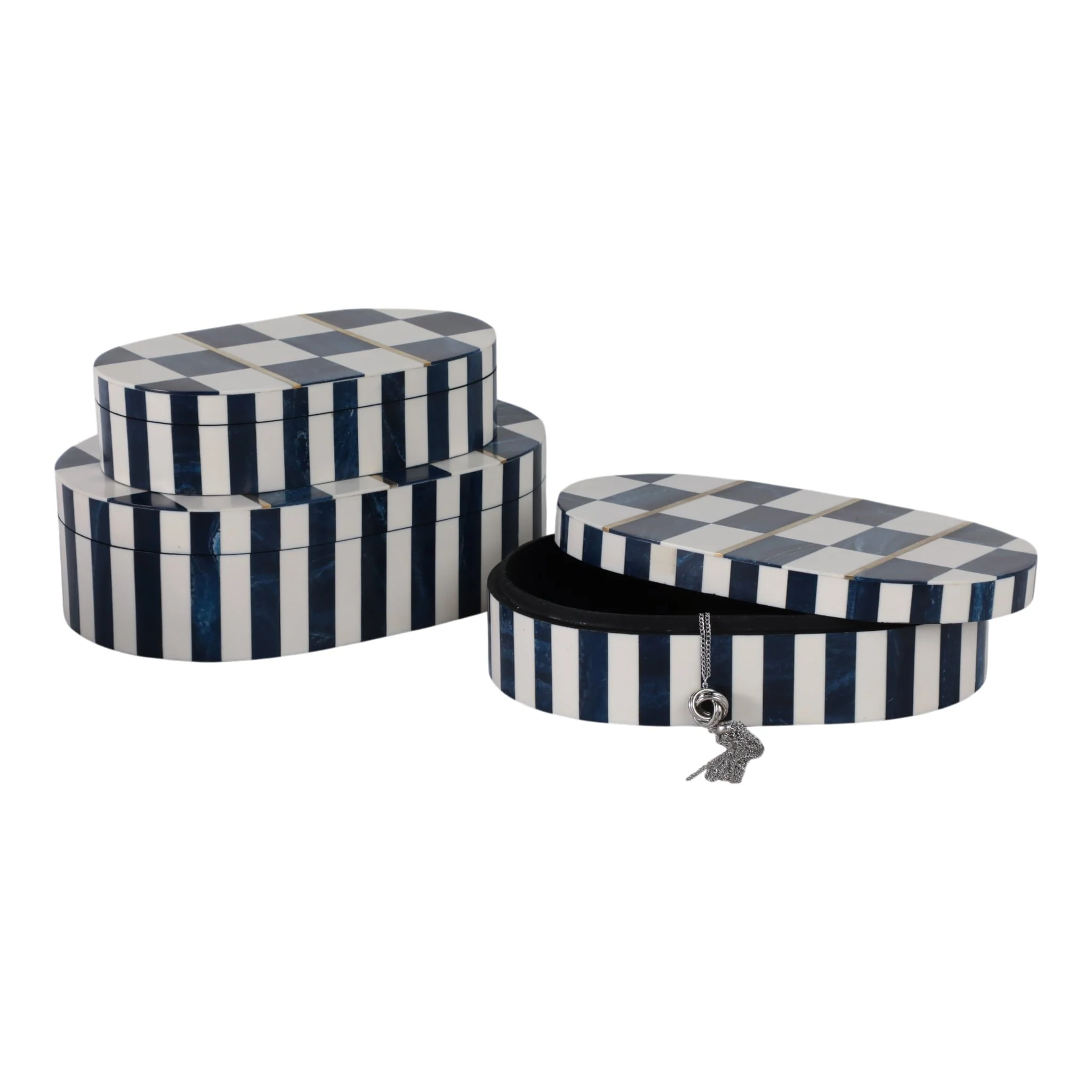 S/3 10/11/12" Oval Checkered Boxes, White/blue - Image 2