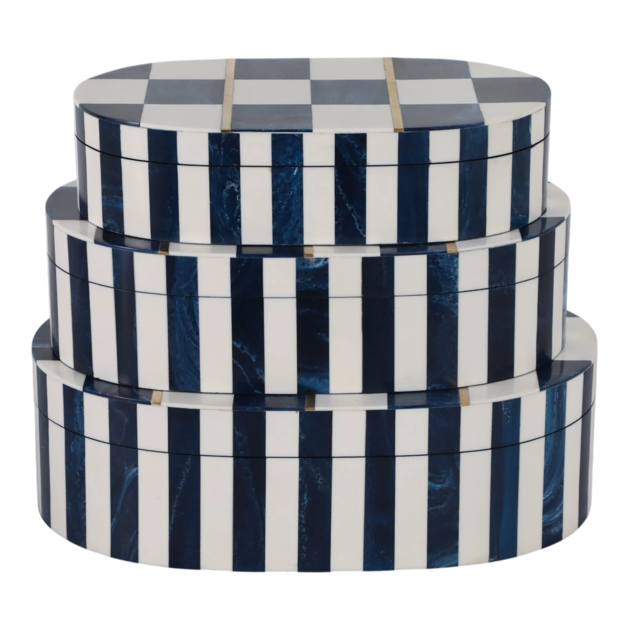 S/3 10/11/12" Oval Checkered Boxes, White/blue - Image 5