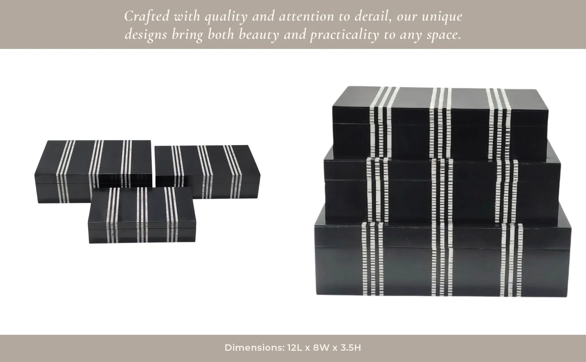 S/3 10/11/12" Ridged Stripes Boxes, Black/ivory - Image 8