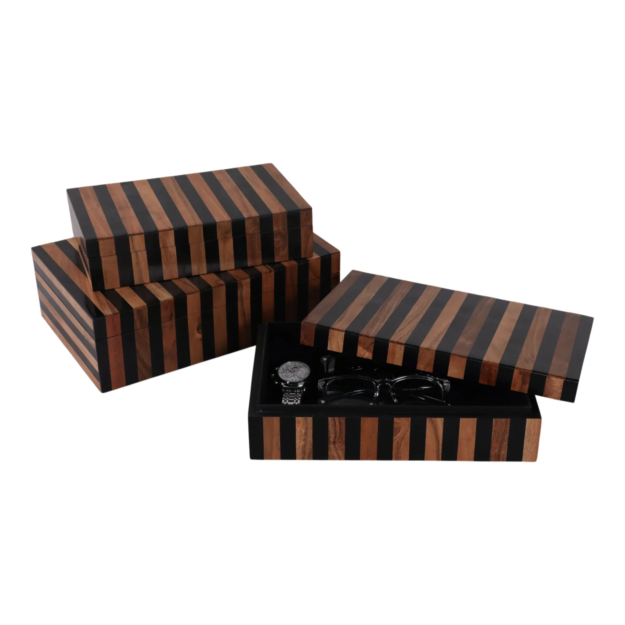 S/3 10/11/12" Striped Boxes, Natural/black - Image 2
