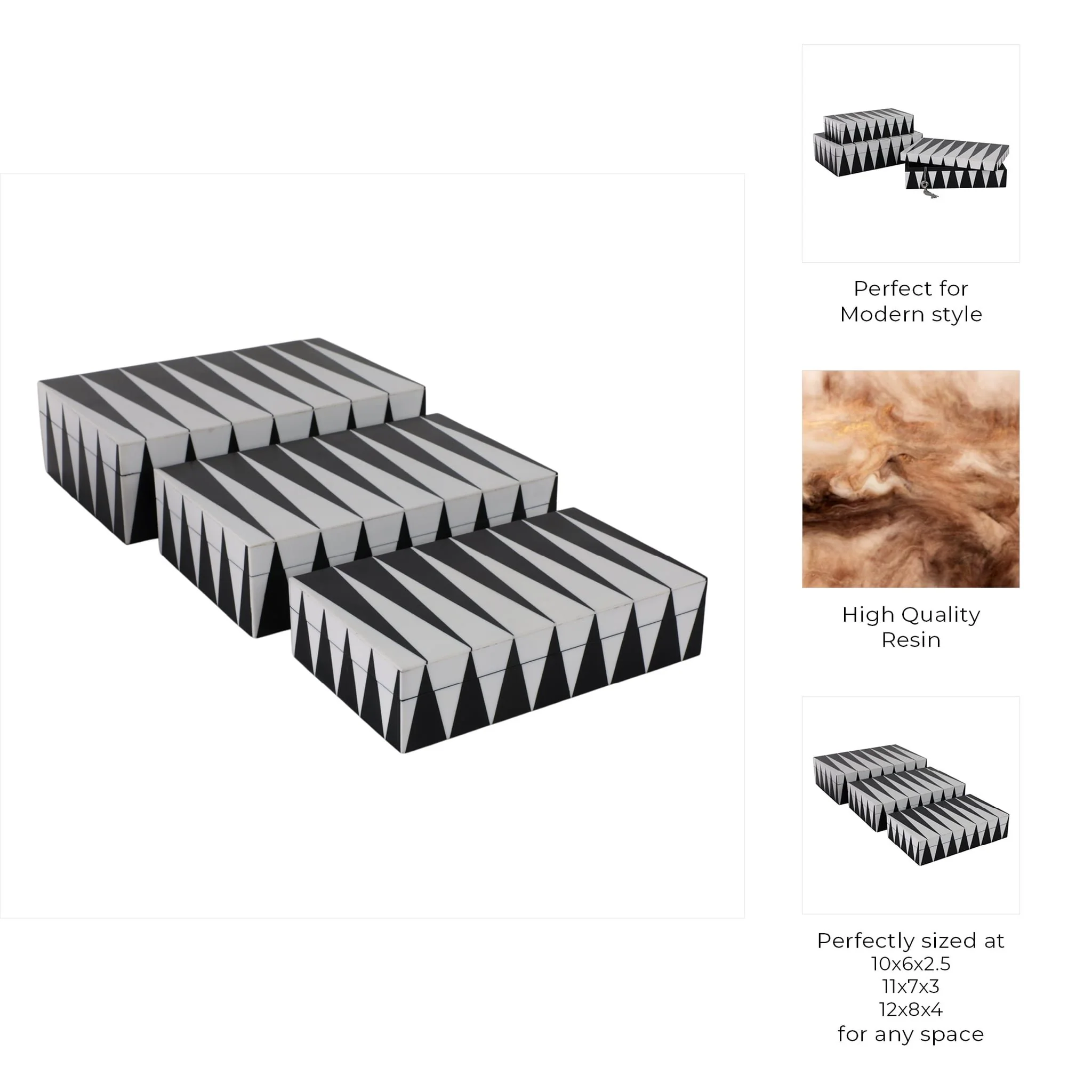 S/3 10/11/12" Triangle Pattern Boxes, Black/white - Image 8