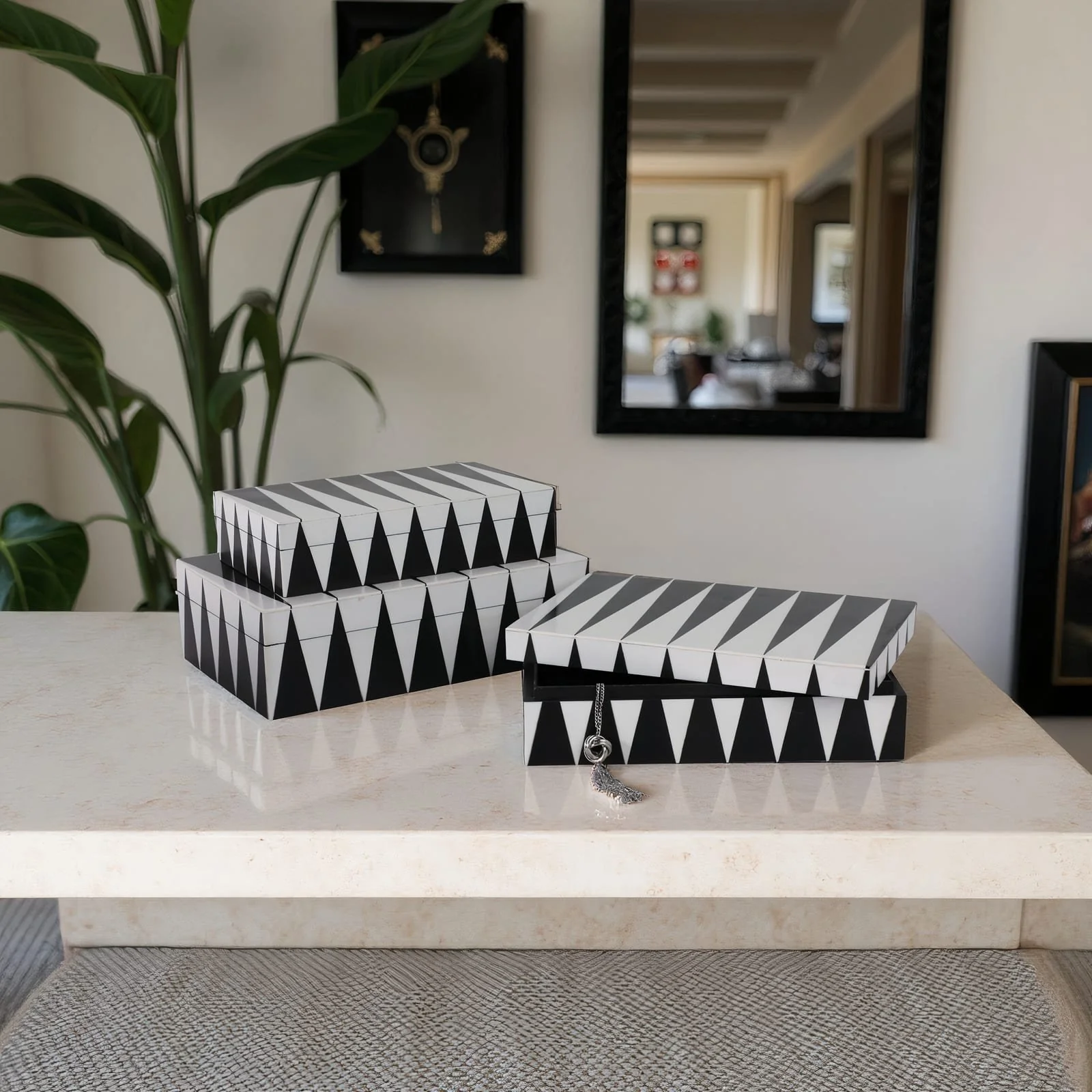 S/3 10/11/12" Triangle Pattern Boxes, Black/white - Image 9