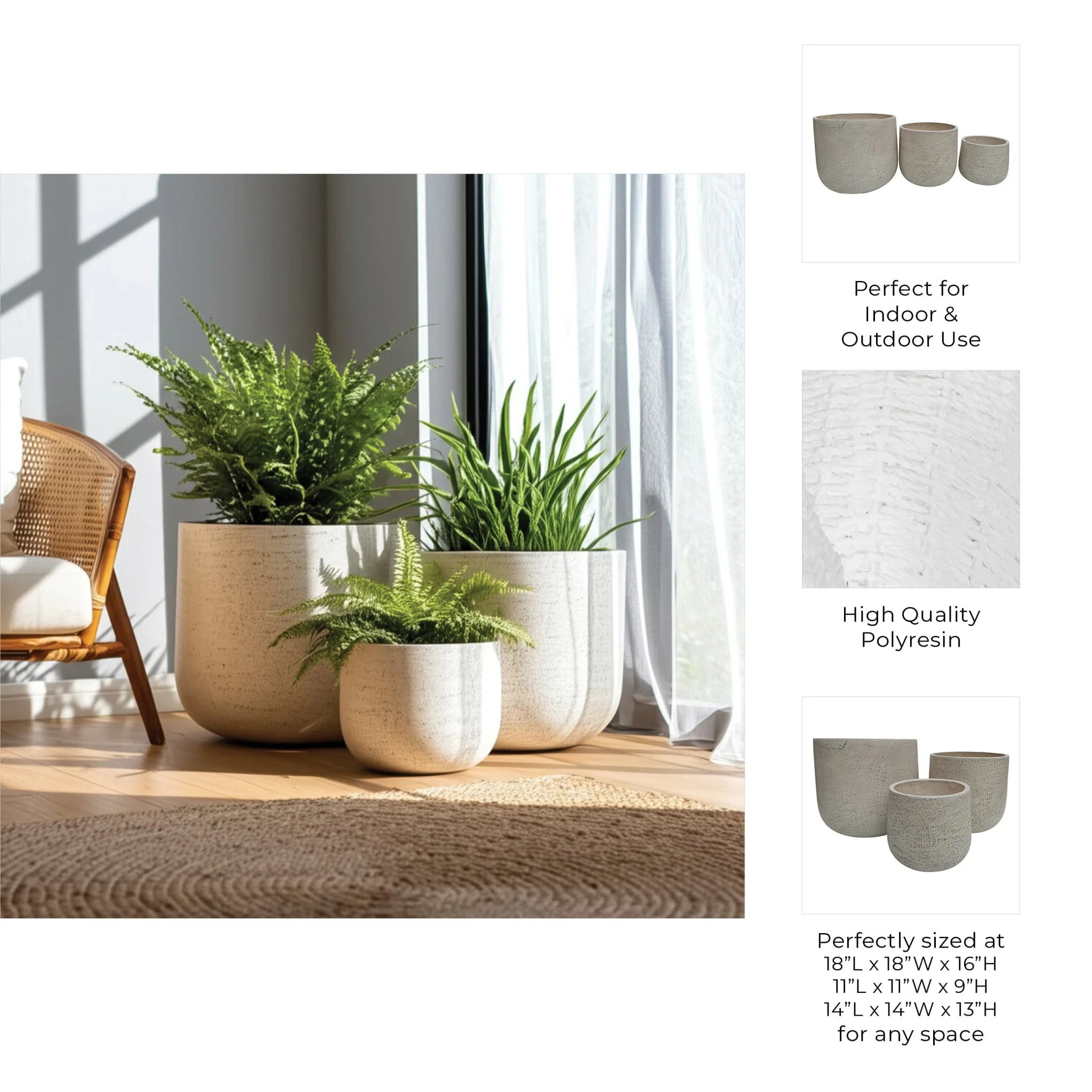 S/3 11/14/18" Resin Cement Texture Planters, Ivory - Image 9