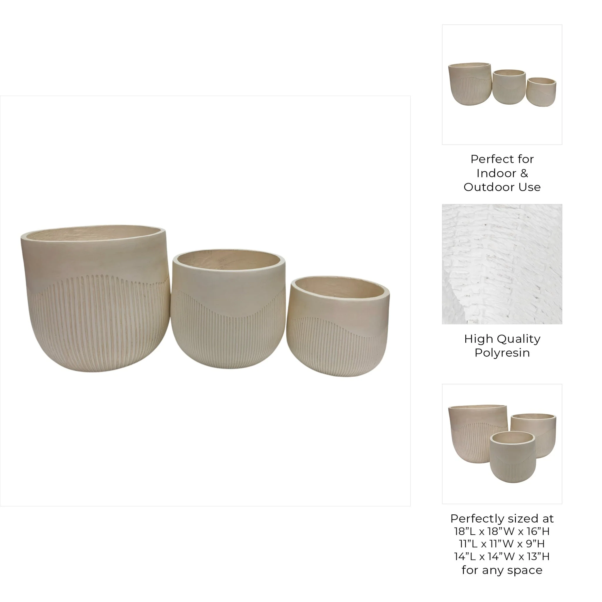 S/3 11/14/18" Resin Planters With Wavy Ribbing, Iv - Image 9