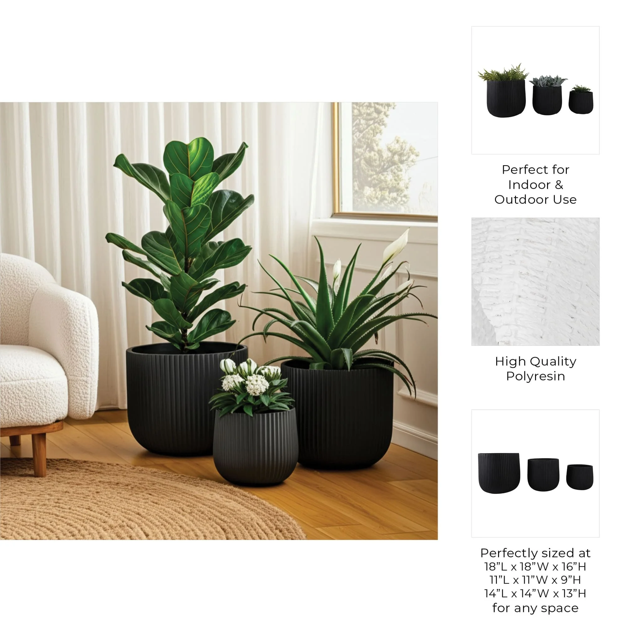 S/3 11/14/18" Ribbed Resin Planters, Black - Image 9