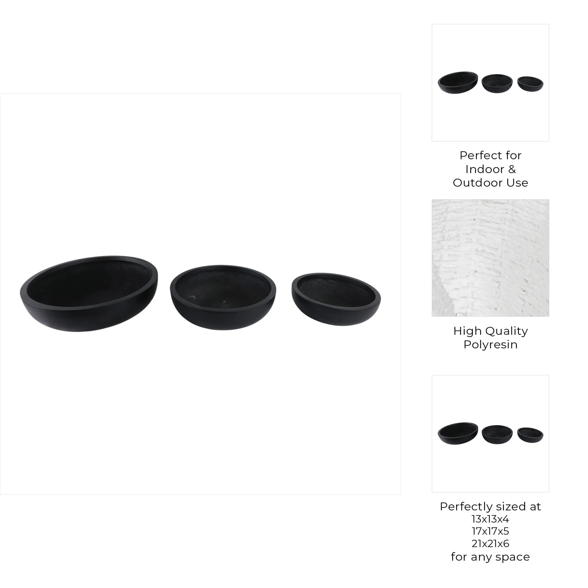 S/3 13/17/21" Low Bowl Planters, Black - Image 8