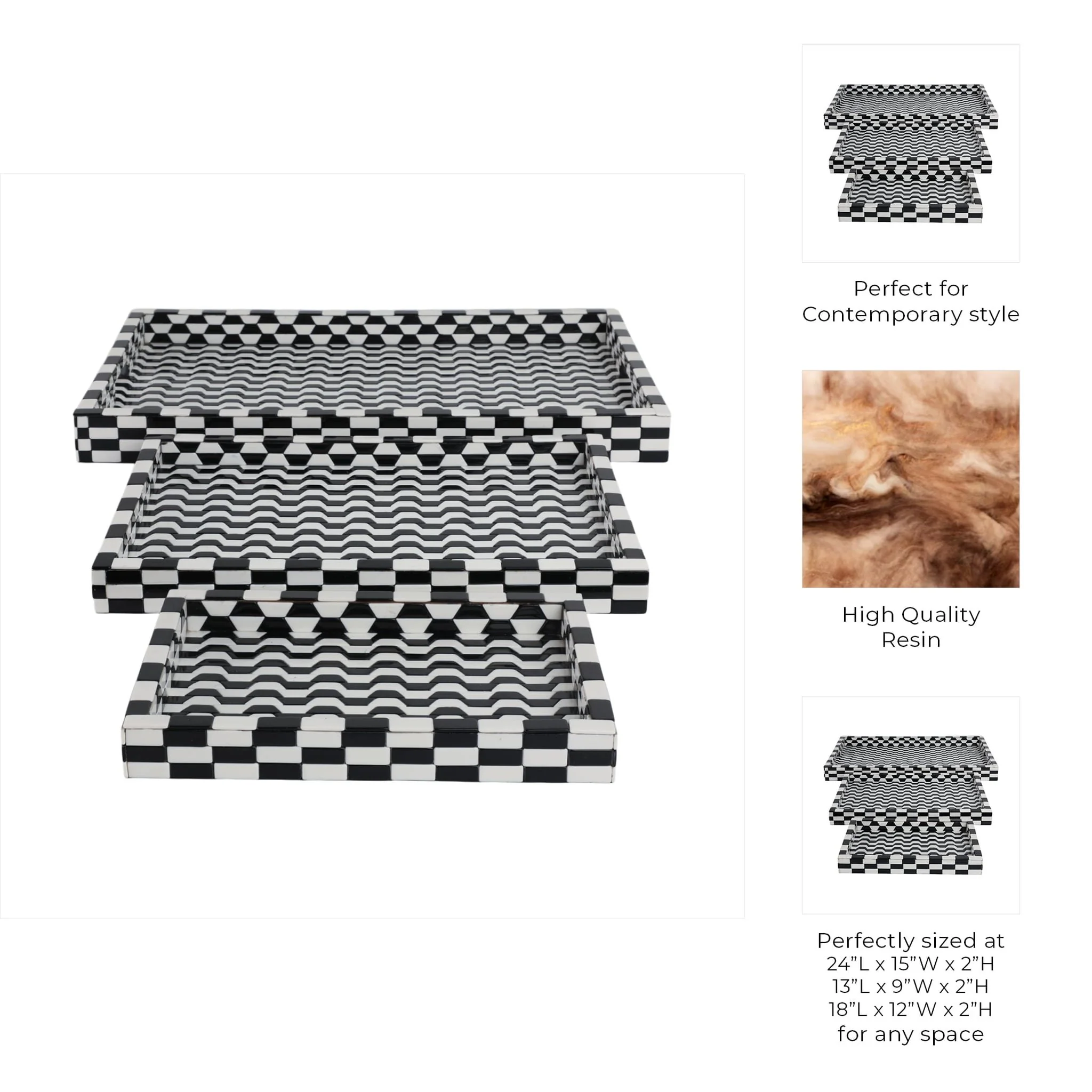 S/3 13/18/24" Geo 3d Resin Trays, Black/white - Image 7