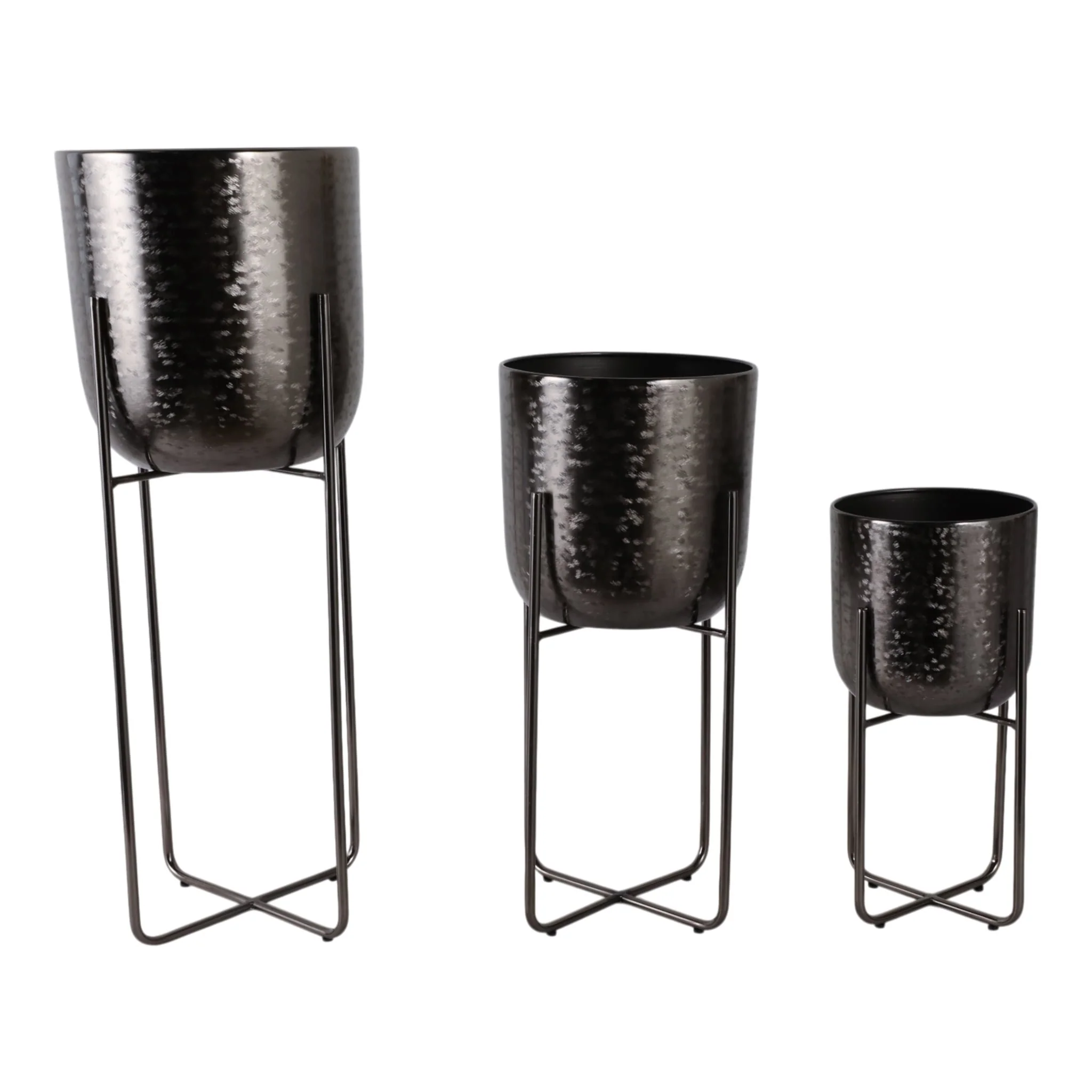 S/3 15/20/27" Etched Metal Planter On Stand, Black - Image 3