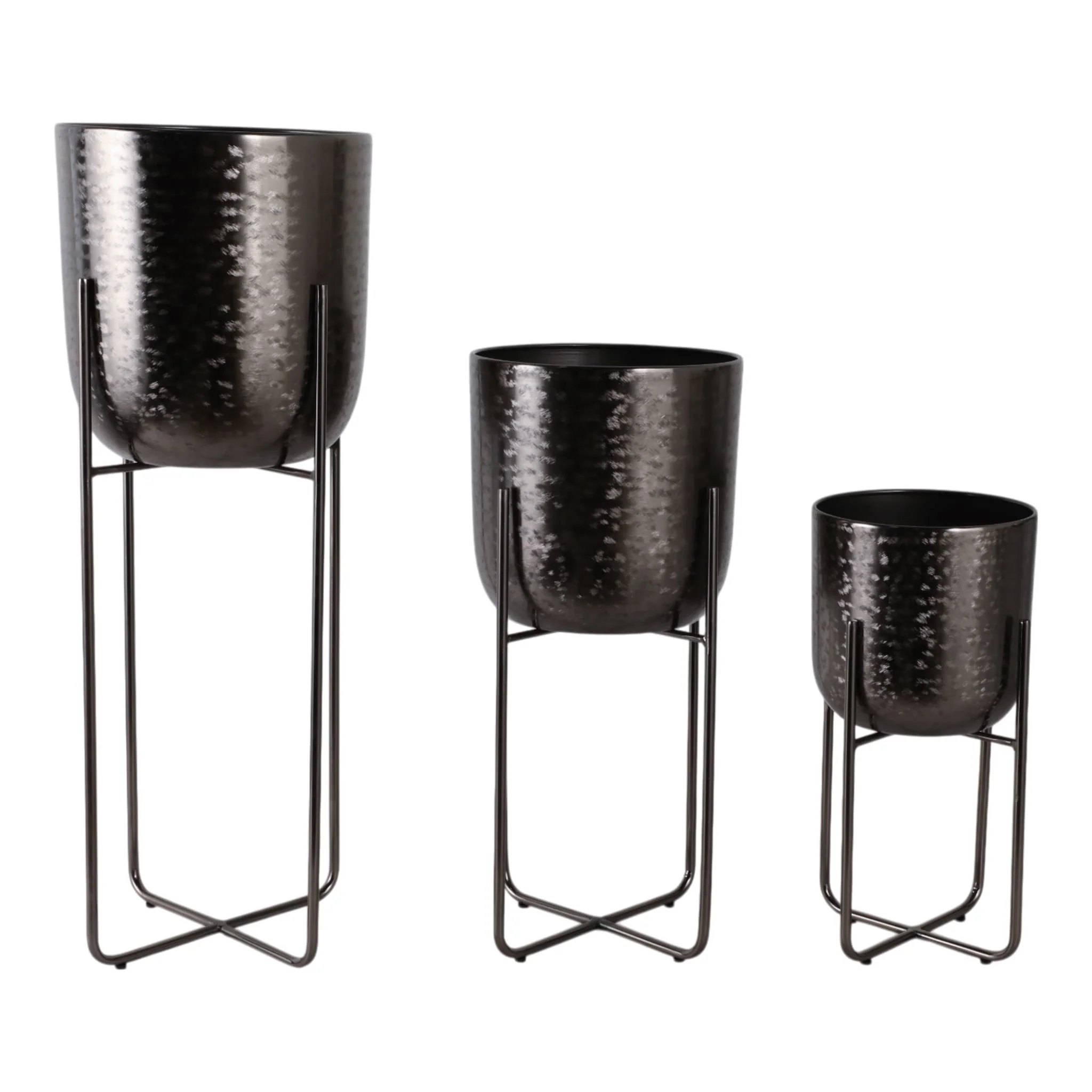 S/3 15/20/27" Etched Metal Planter On Stand, Black - Image 4
