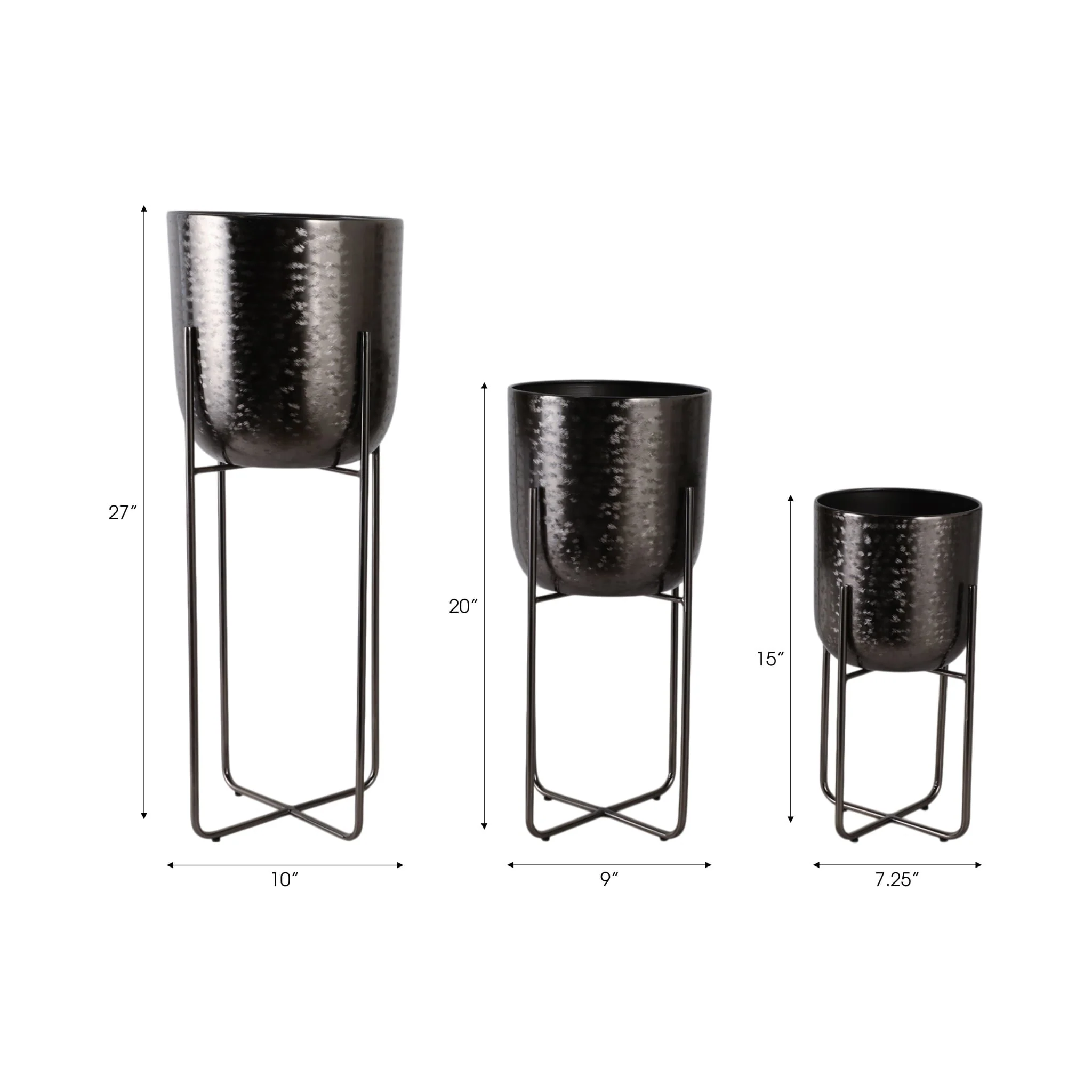 S/3 15/20/27" Etched Metal Planter On Stand, Black - Image 9