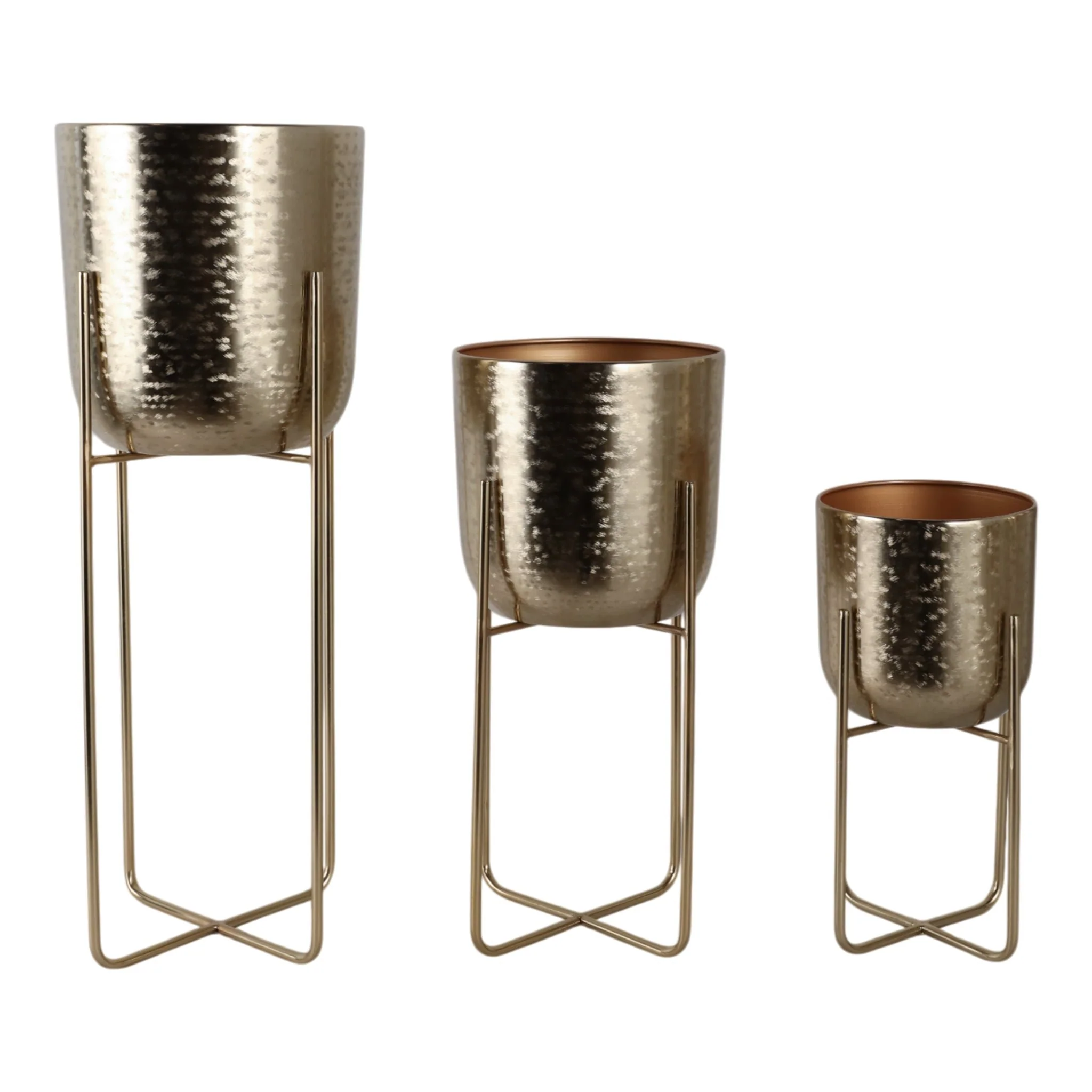 S/3 15/20/27" Etched Metal Planter On Stand, Gold - Image 3