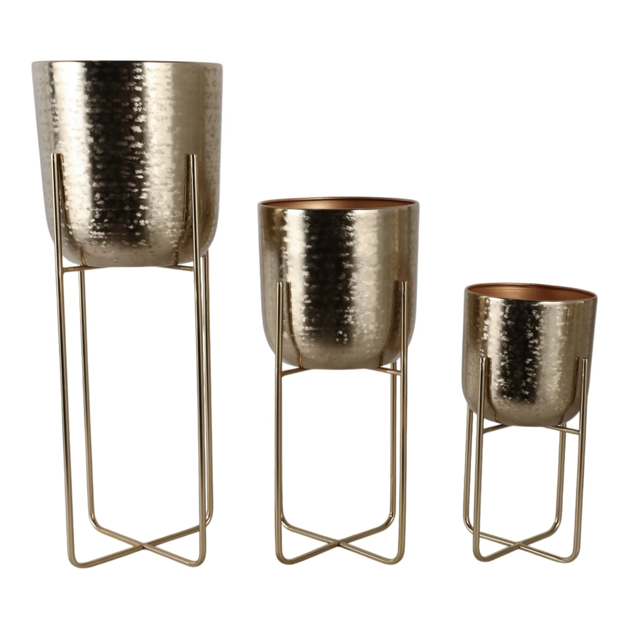 S/3 15/20/27" Etched Metal Planter On Stand, Gold - Image 4