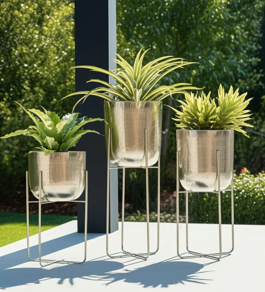 S/3 15/20/27" Etched Metal Planter On Stand, Silve - Image 10