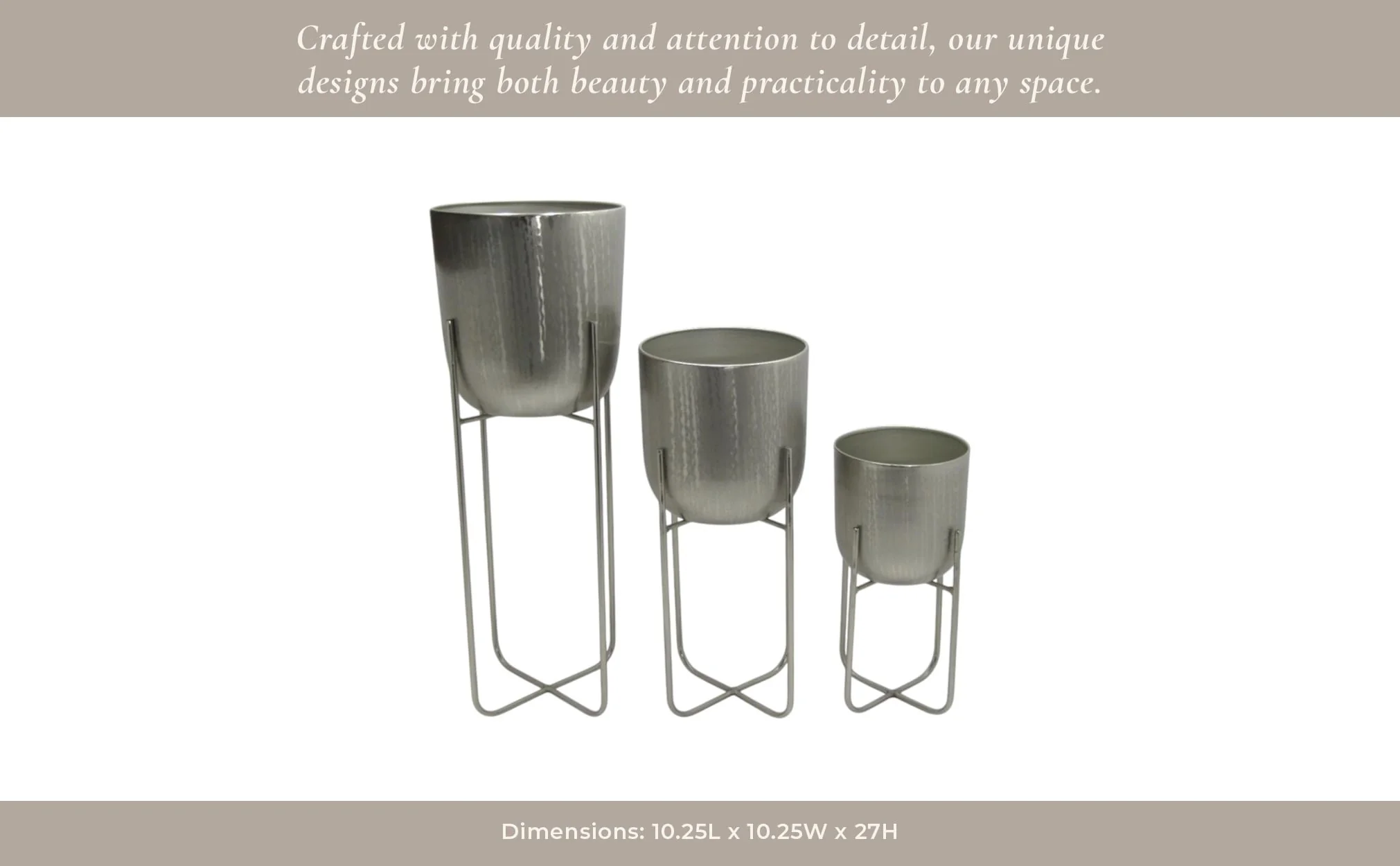S/3 15/20/27" Etched Metal Planter On Stand, Silve - Image 11