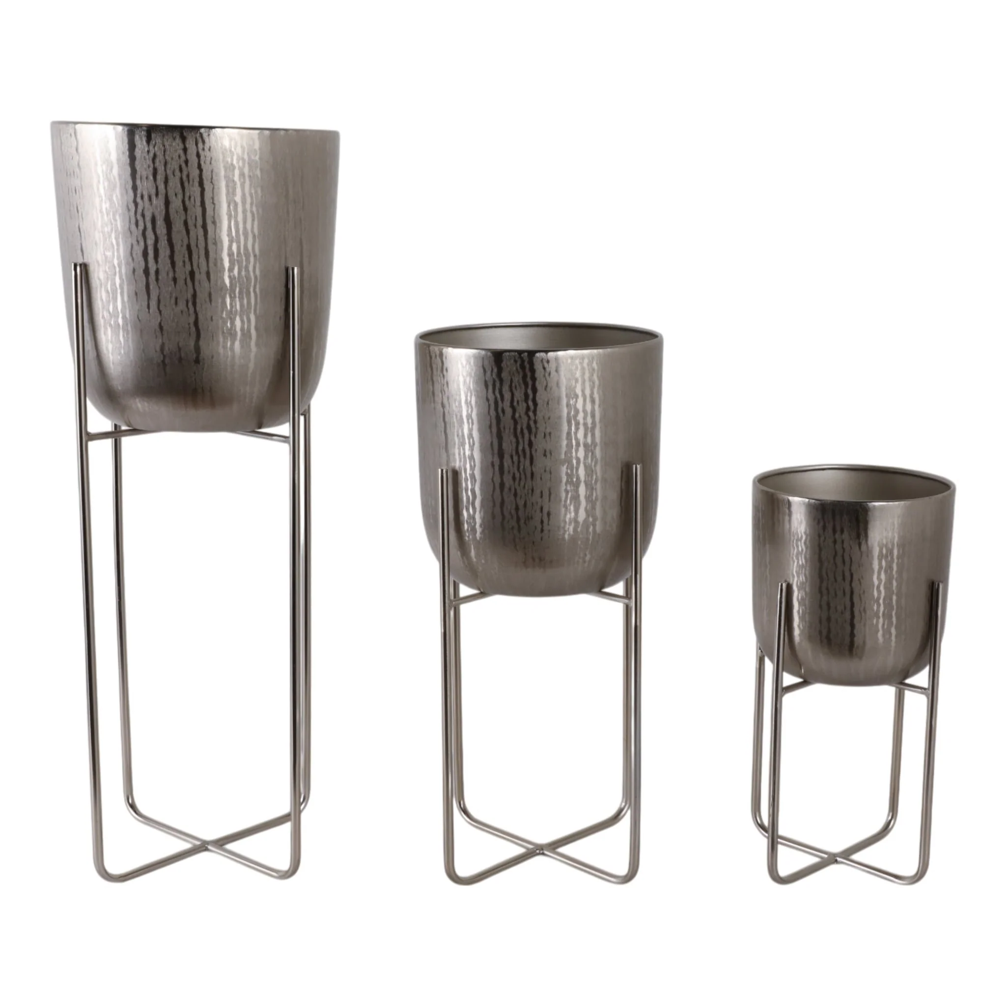 S/3 15/20/27" Etched Metal Planter On Stand, Silve - Image 3
