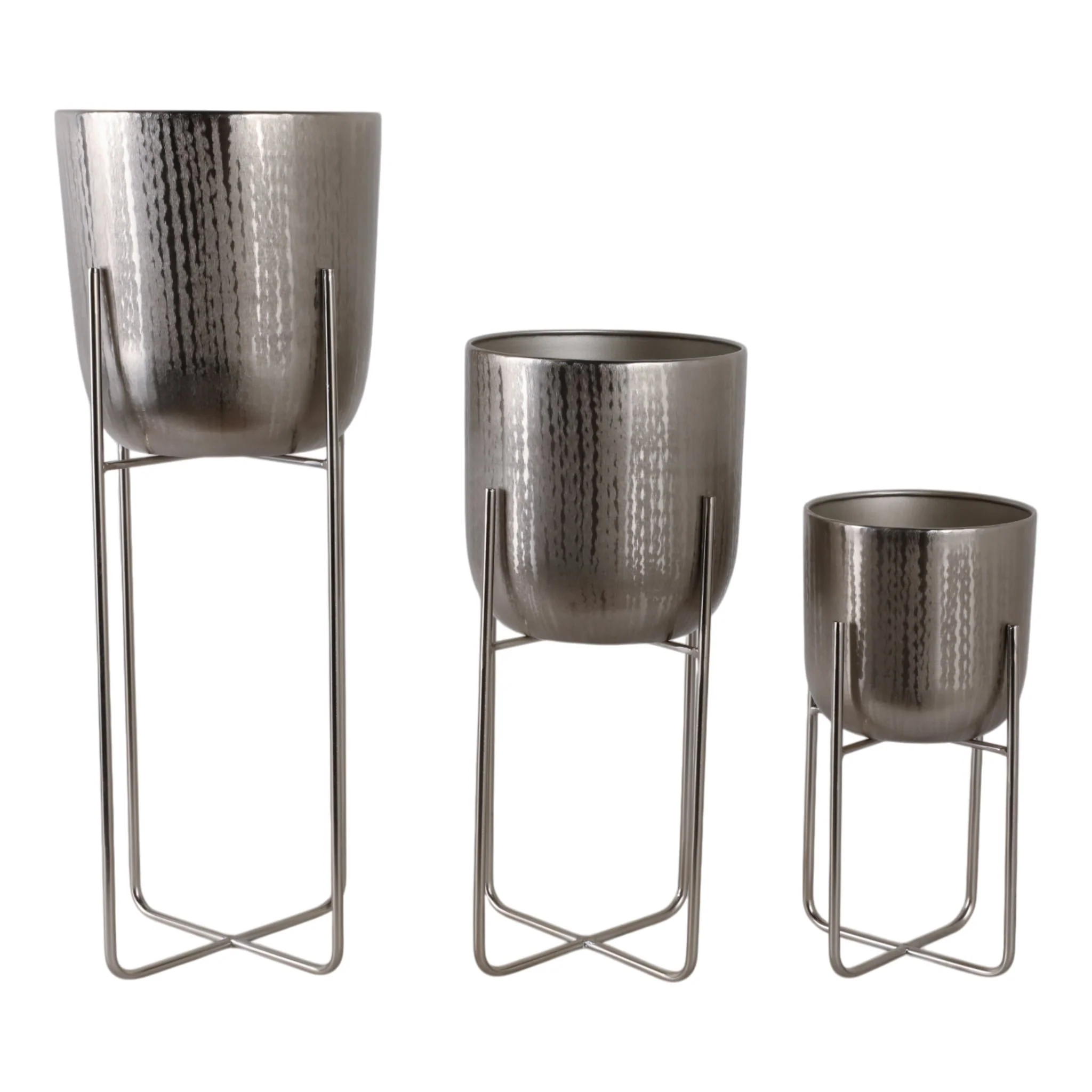 S/3 15/20/27" Etched Metal Planter On Stand, Silve - Image 4