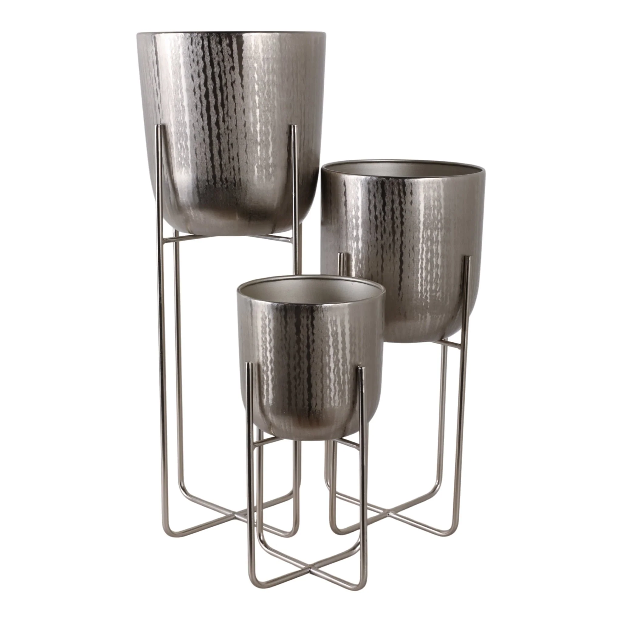 S/3 15/20/27" Etched Metal Planter On Stand, Silve - Image 6