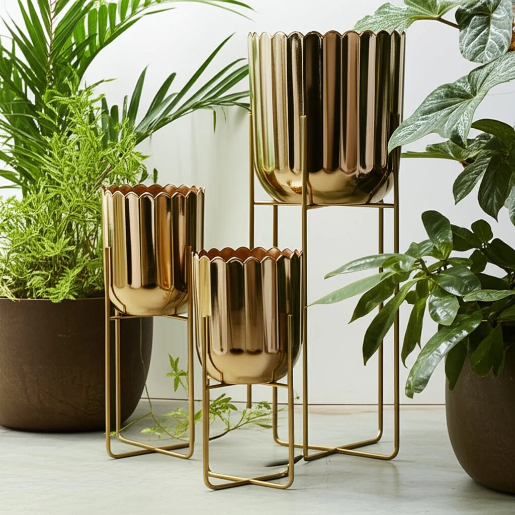 S/3 15/20/27" Scallop Metal Planter On Stand, Gold - Image 11