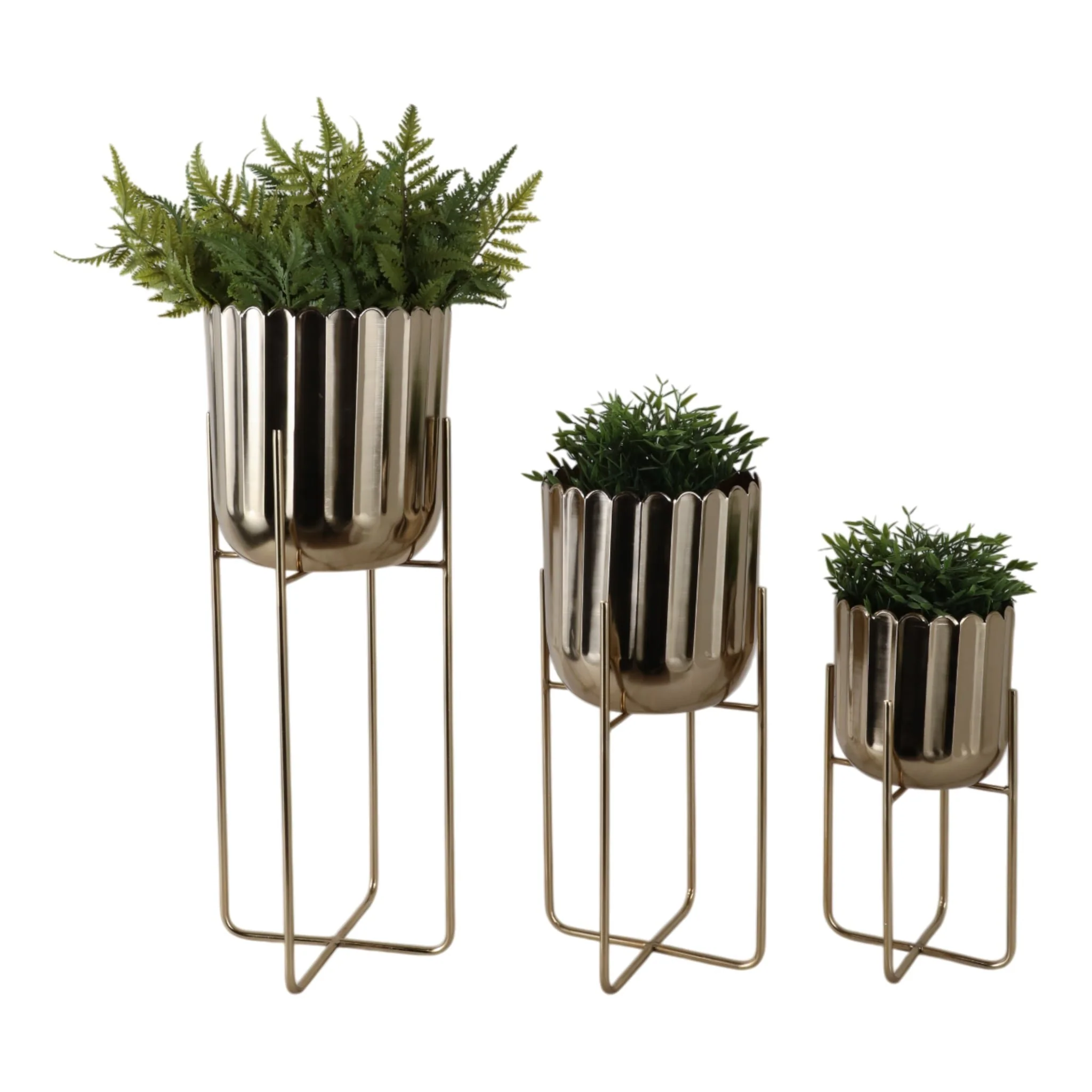 S/3 15/20/27" Scallop Metal Planter On Stand, Gold - Image 2