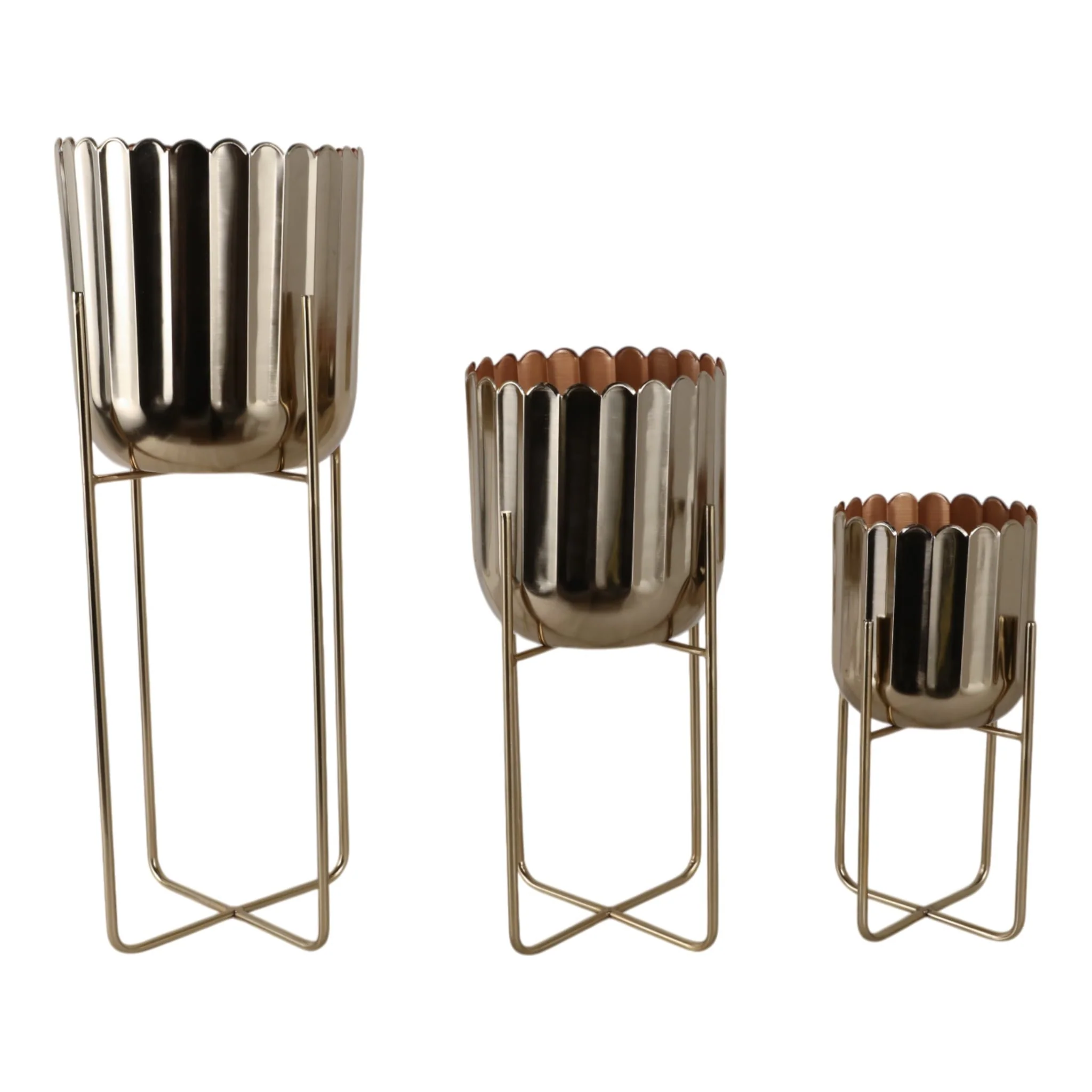 S/3 15/20/27" Scallop Metal Planter On Stand, Gold - Image 3