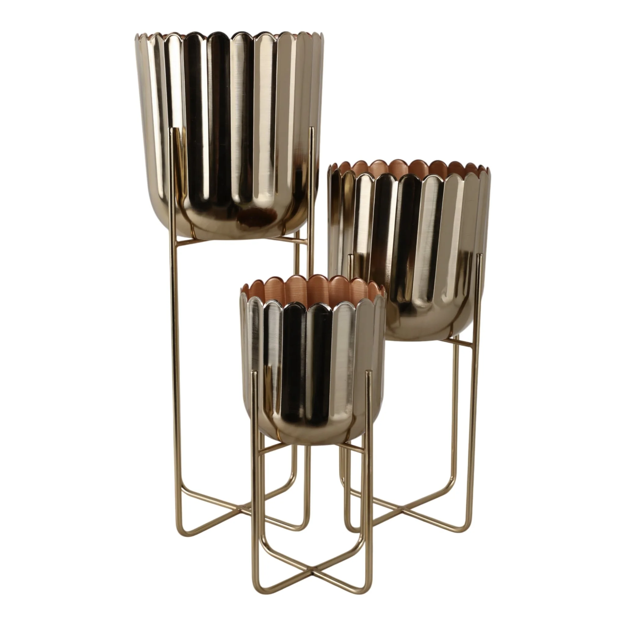 S/3 15/20/27" Scallop Metal Planter On Stand, Gold - Image 6