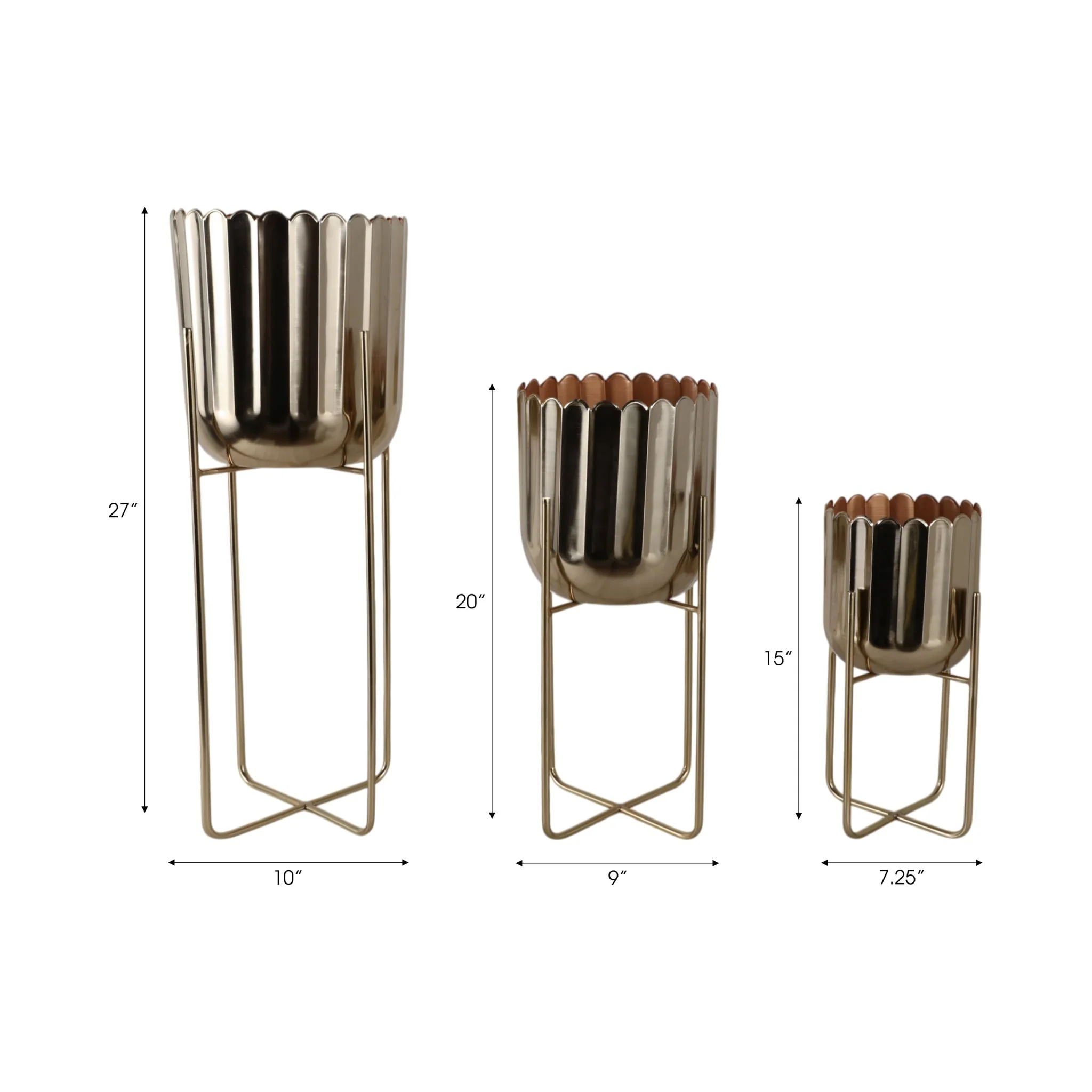 S/3 15/20/27" Scallop Metal Planter On Stand, Gold - Image 9