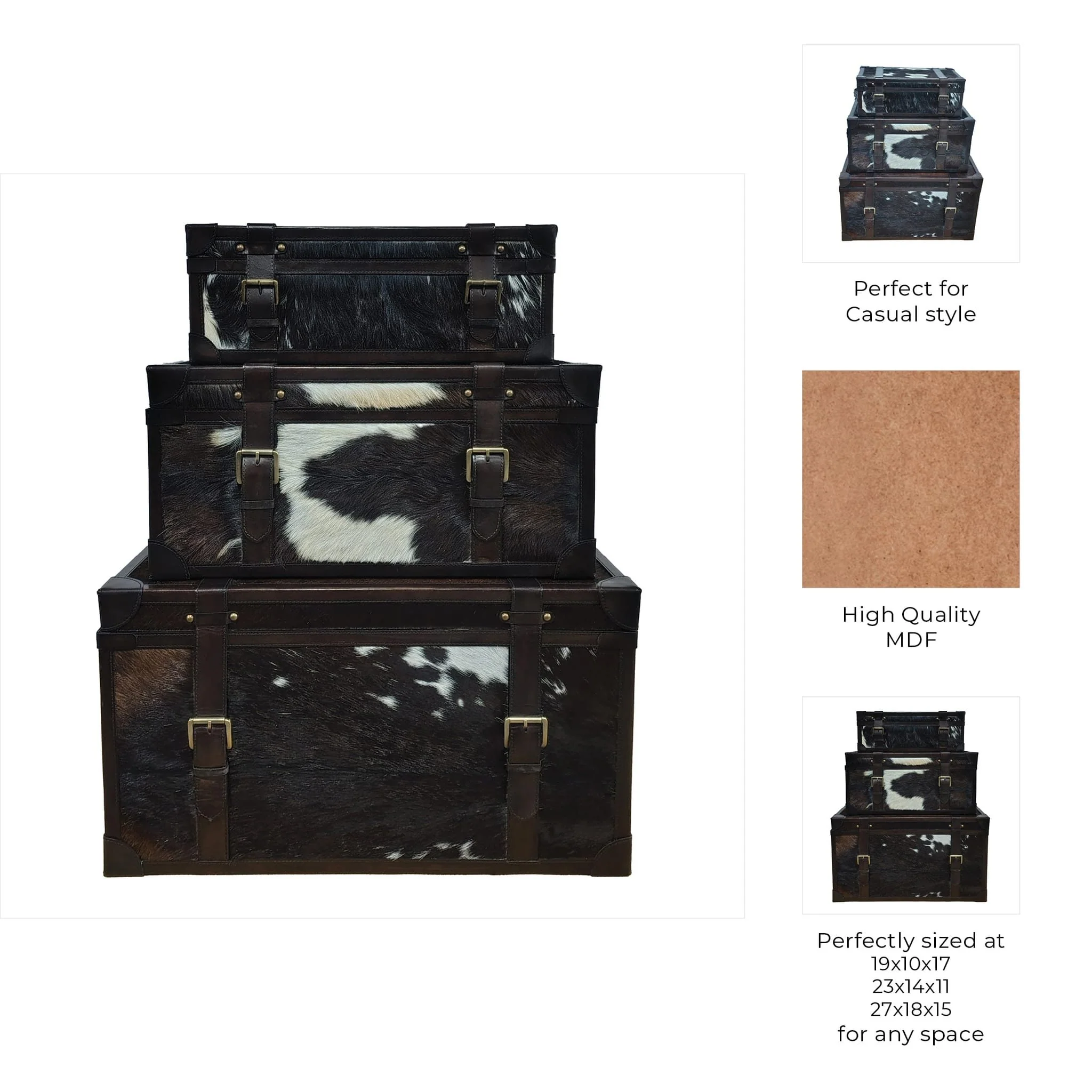 S/3 19/23/27" Hair On Hide Cow Print Trunks, Multi - Image 9