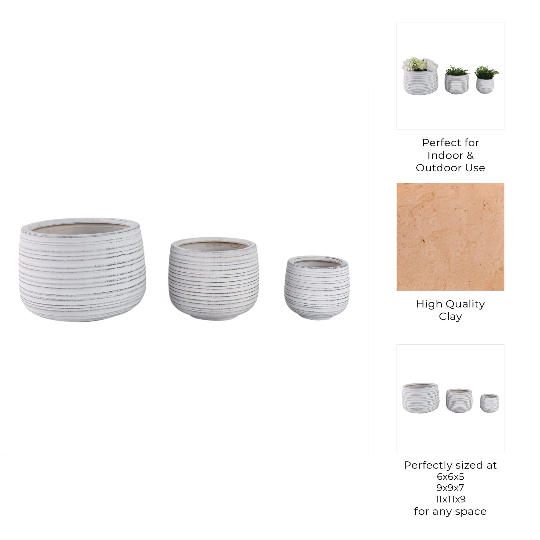 S/3 6/9/11" Ribbed Planters, White - Image 9